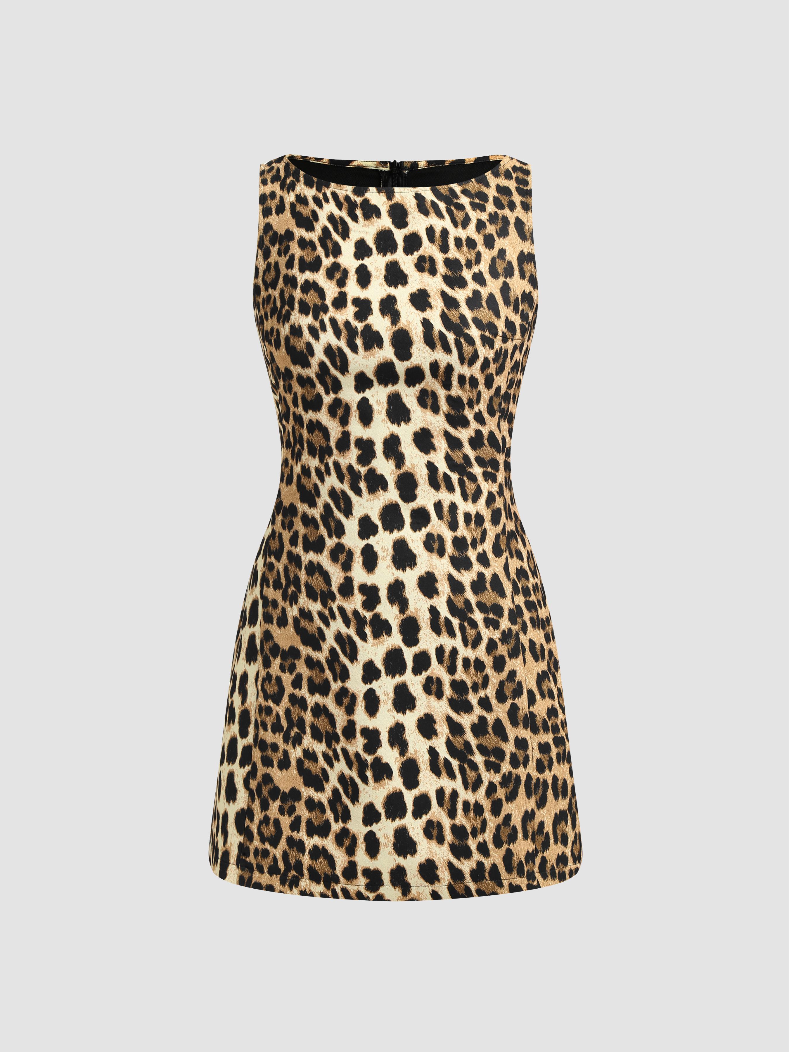 Boat Neck Leopard Print Zipper Mini Dress by CIDER
