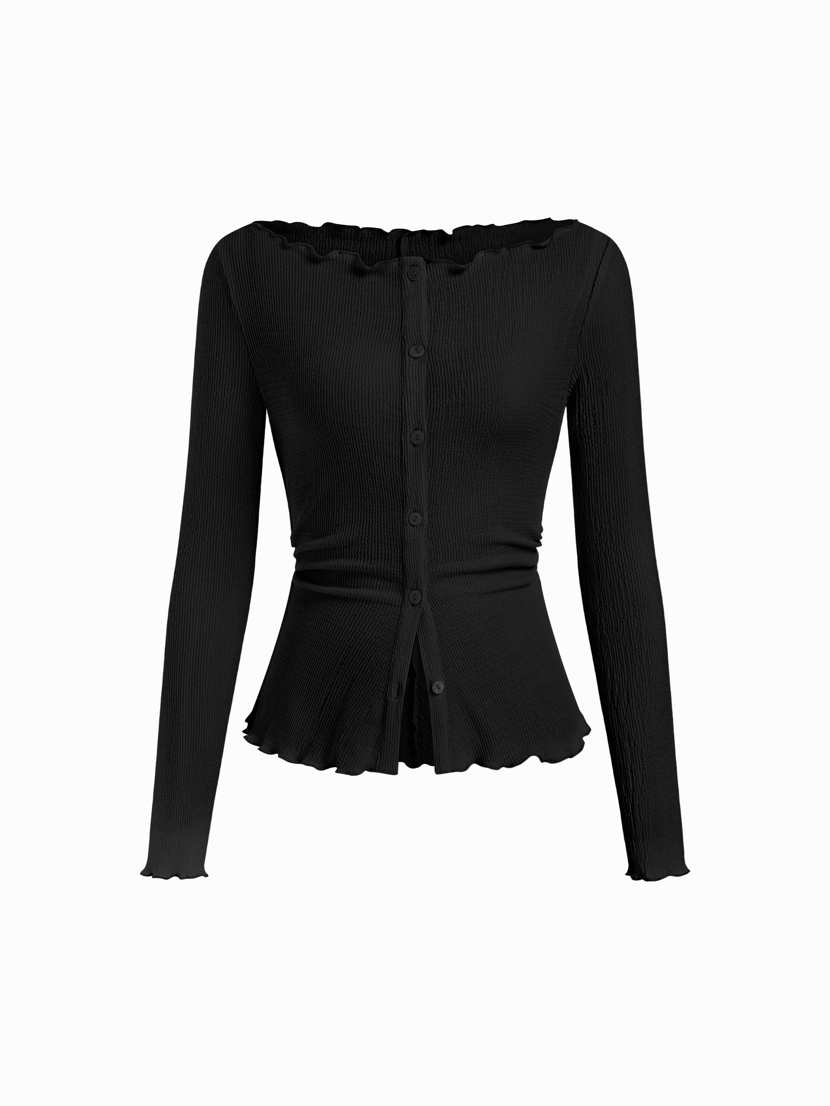 Boat Neck Lettuce Trim Button Knotted Long Sleeve Top by CIDER