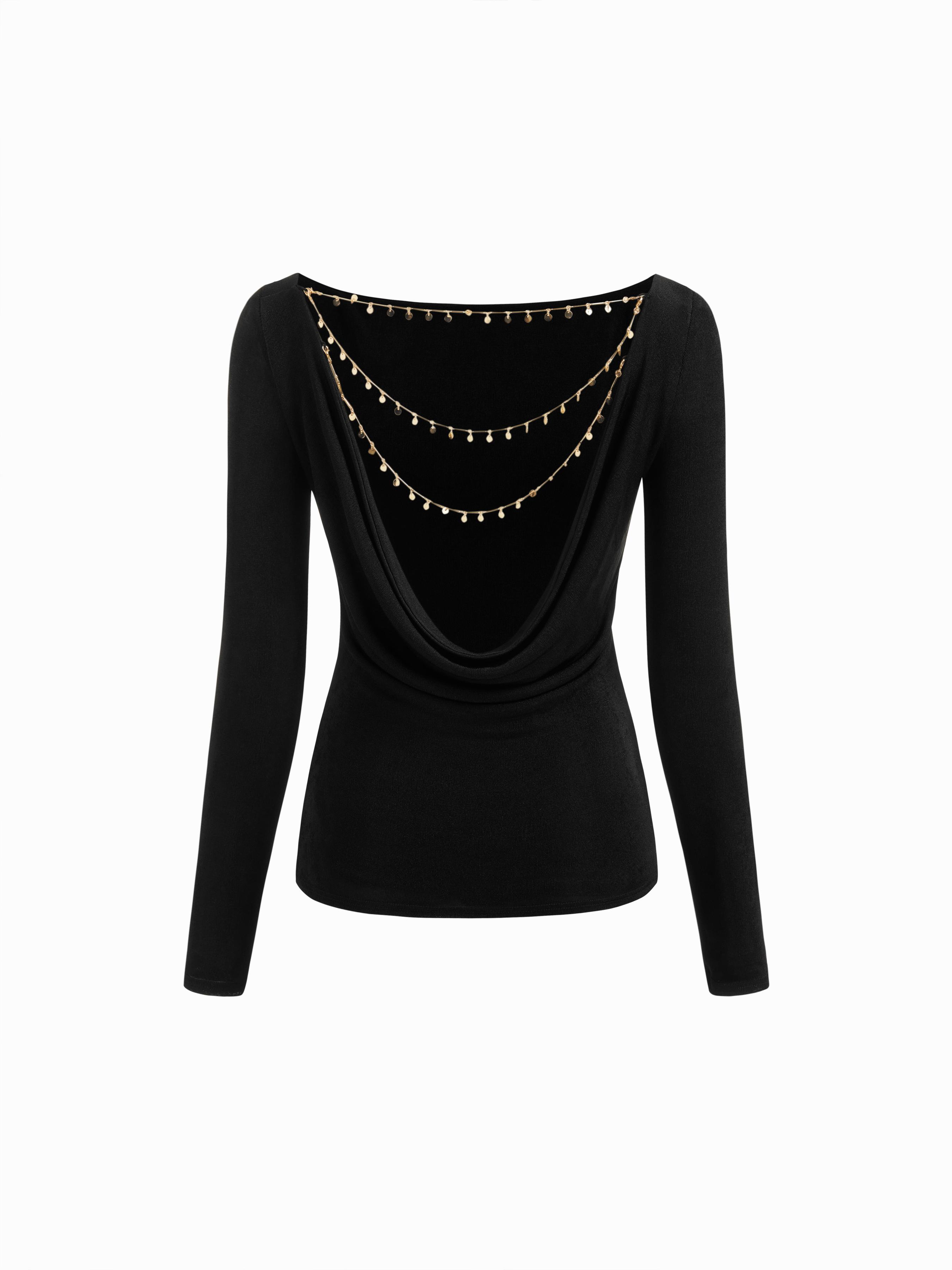 Boat Neck Long Sleeve Metal Chain Detail Backless Top by CIDER Boat Neck Long Sleeve Metal Chain Detail Backless Top by CIDER