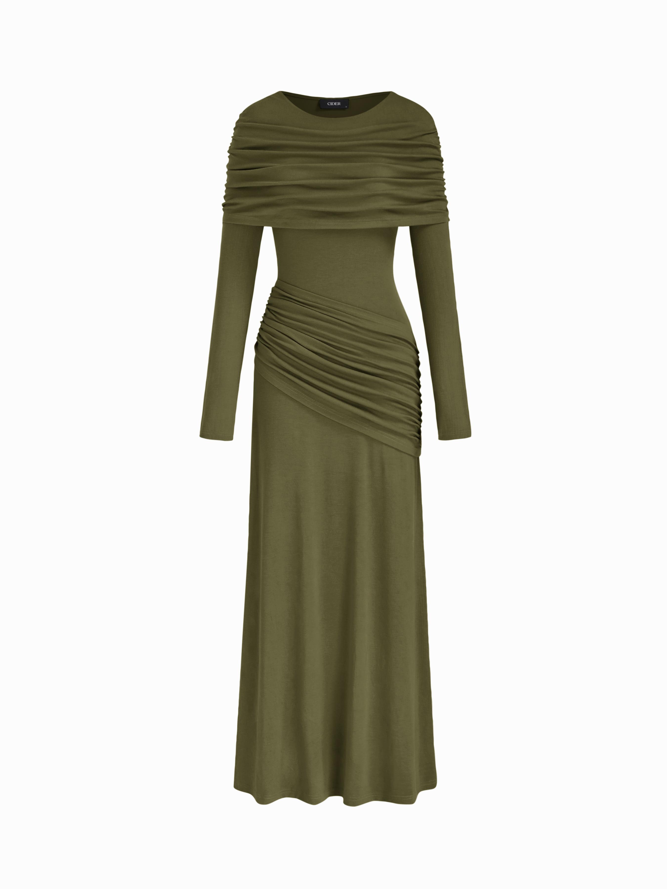 Boat Neck Long Sleeve Ruched Maxi Dress by CIDER