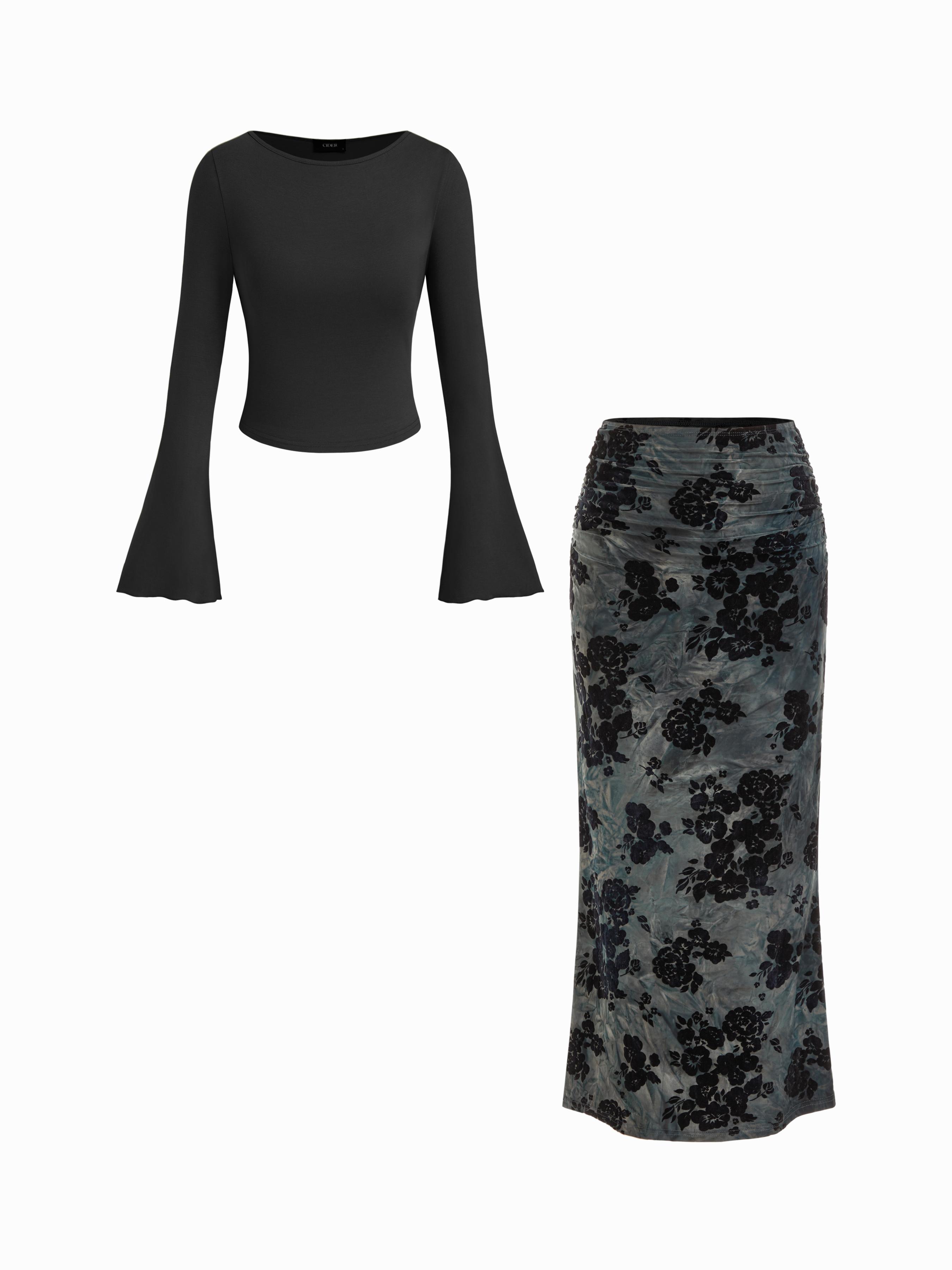 Boat Neck Long Sleeve Top & Mid Rise Floral Ruched Maxi Skirt Set by CIDER
