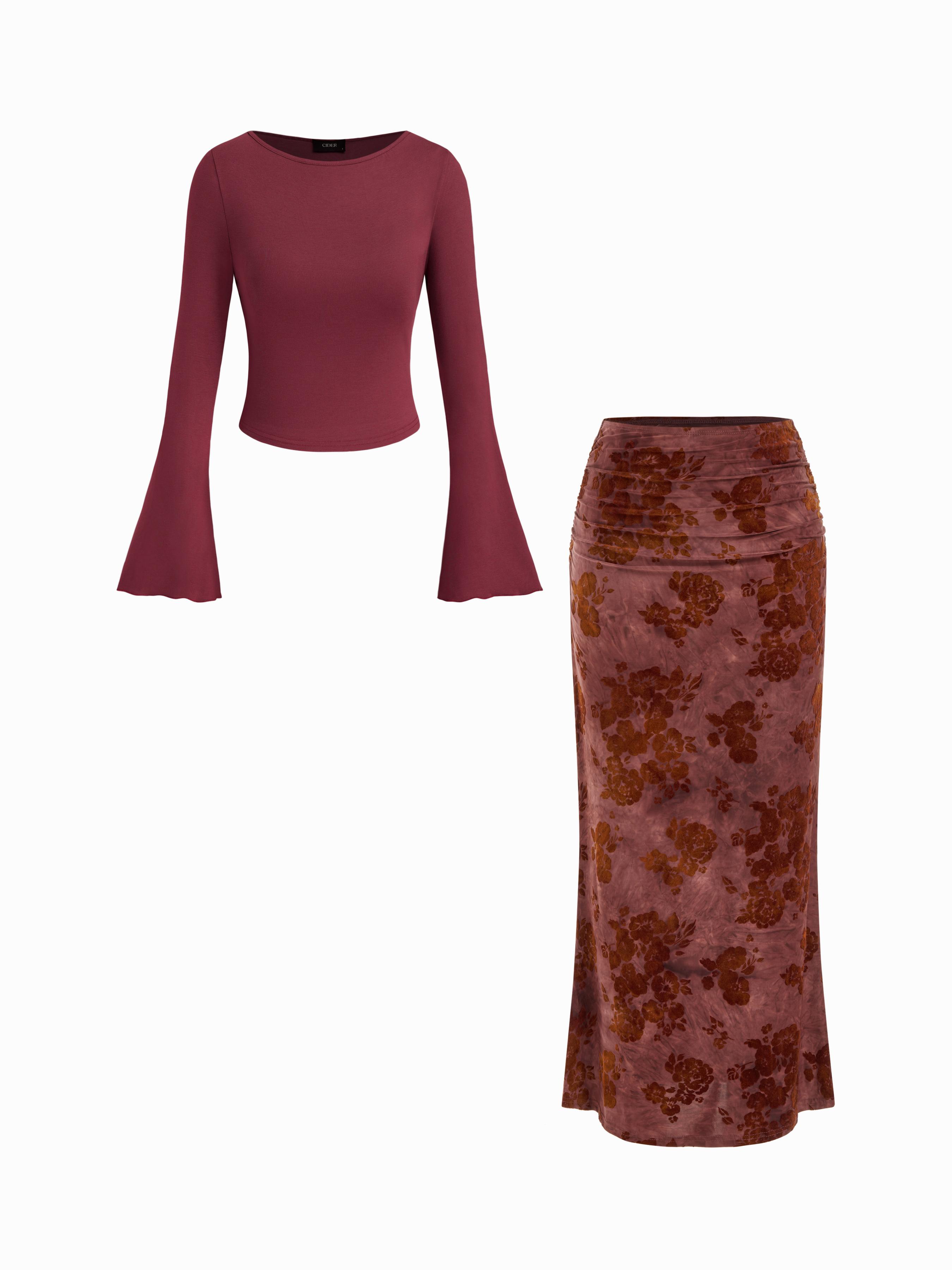 Boat Neck Long Sleeve Top & Mid Rise Floral Ruched Maxi Skirt Set by CIDER