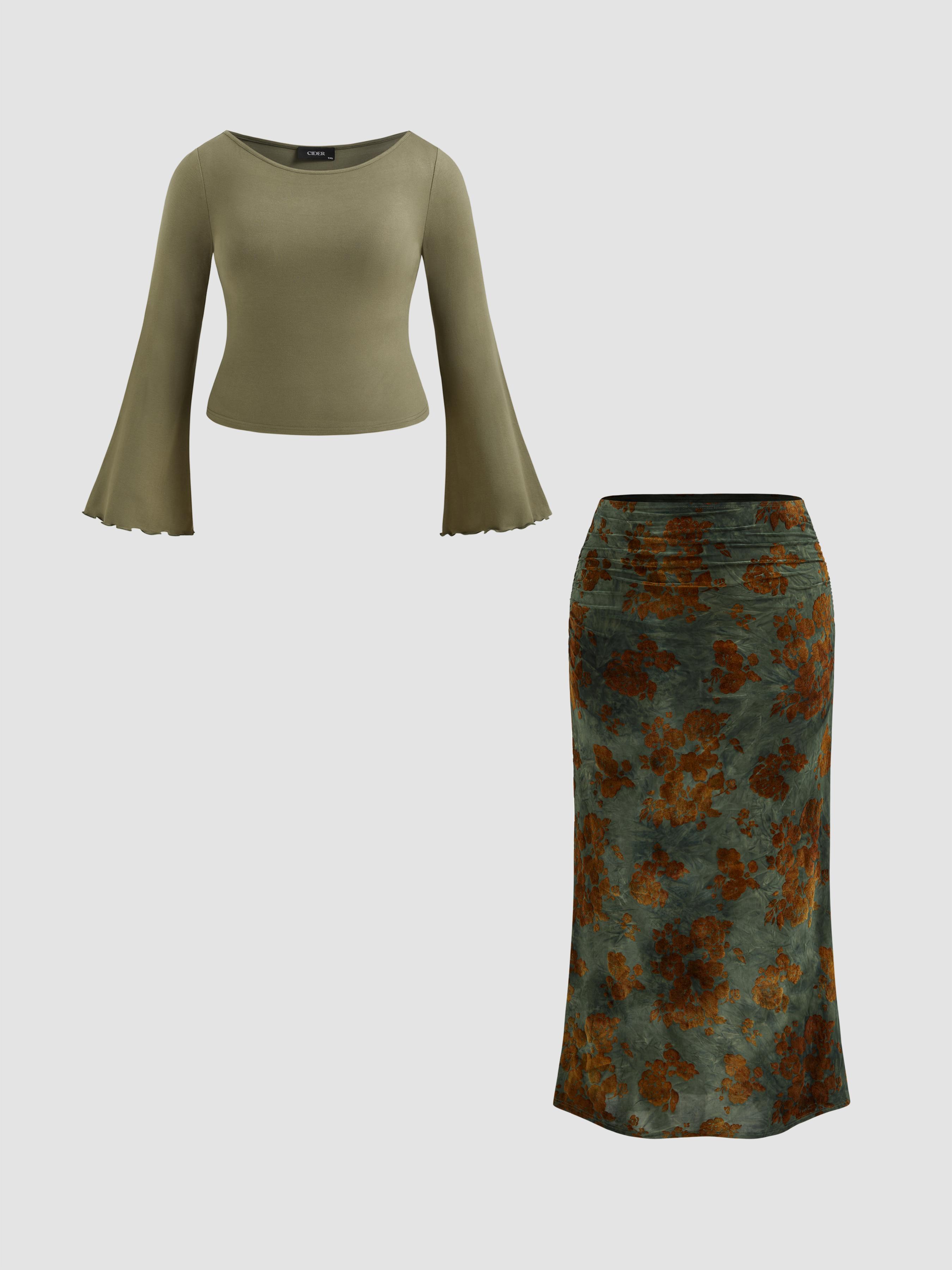 Boat Neck Long Sleeve Top & Mid Rise Floral Ruched Maxi Skirt Set Curve & Plus by CIDER