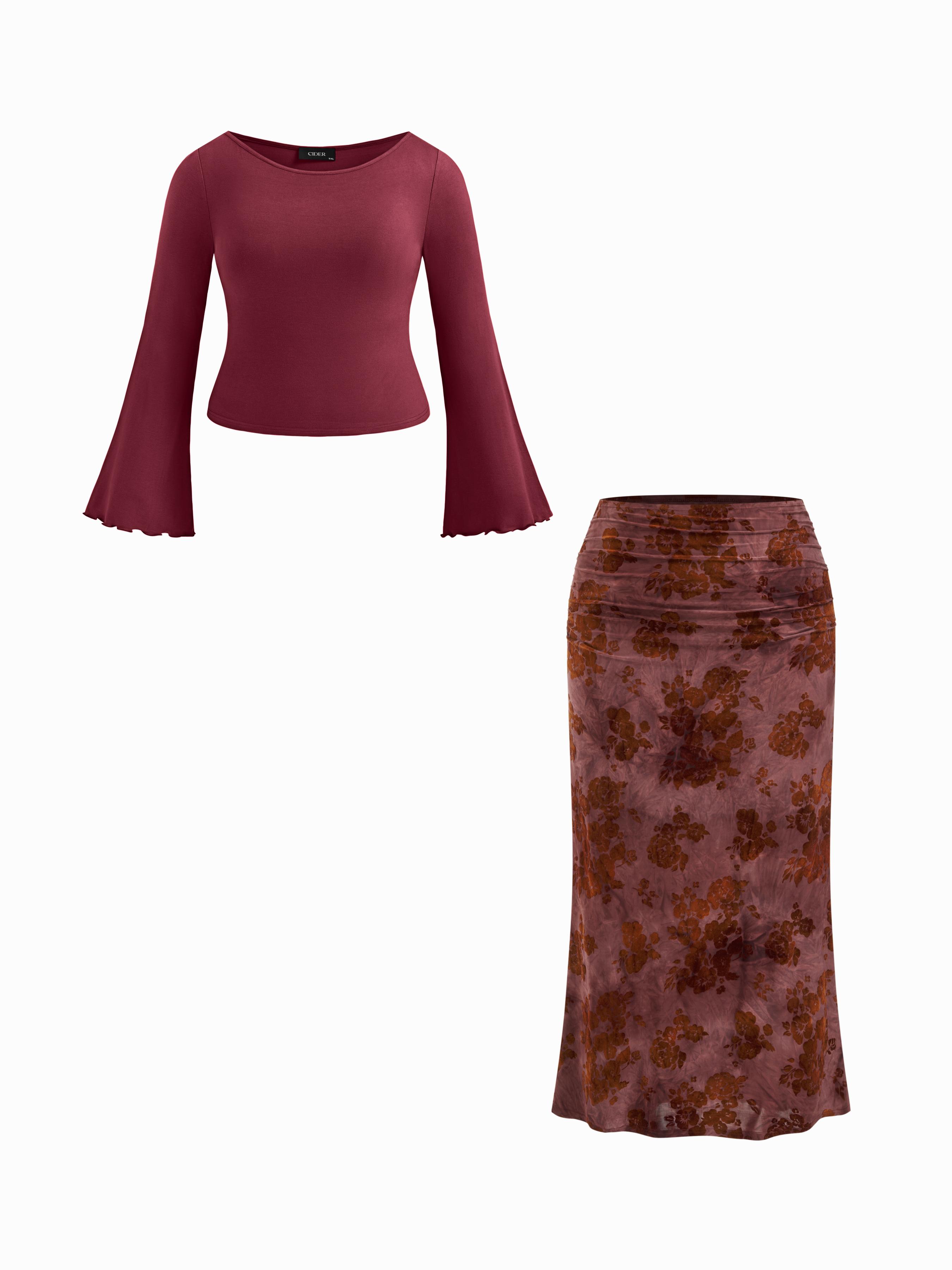 Boat Neck Long Sleeve Top & Mid Rise Floral Ruched Maxi Skirt Set Curve & Plus by CIDER