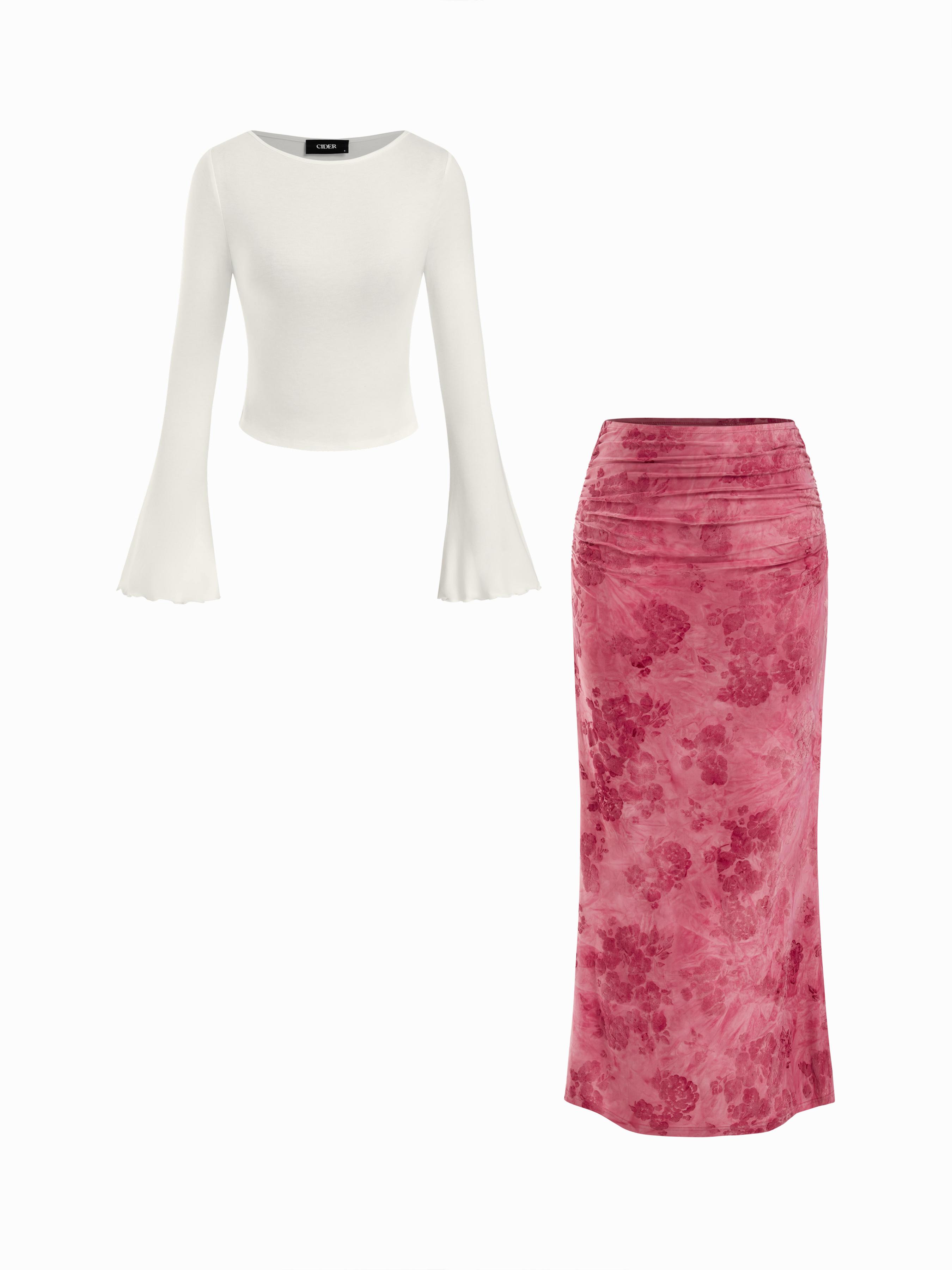 Boat Neck Long Sleeve Top & Mid Rise Floral Ruched Maxi Skirt Set by CIDER