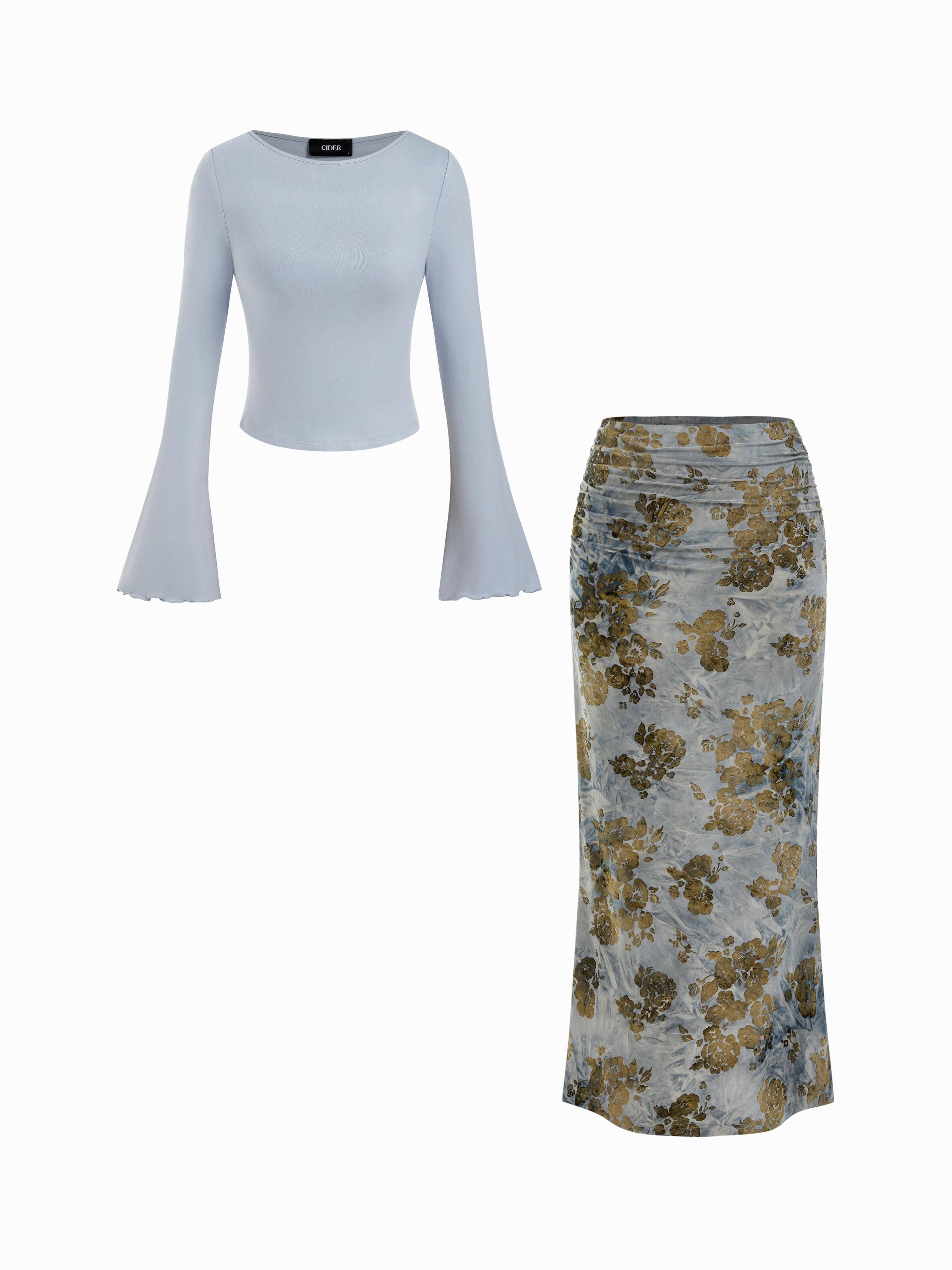 Boat Neck Long Sleeve Top & Mid Rise Floral Ruched Maxi Skirt Set by CIDER