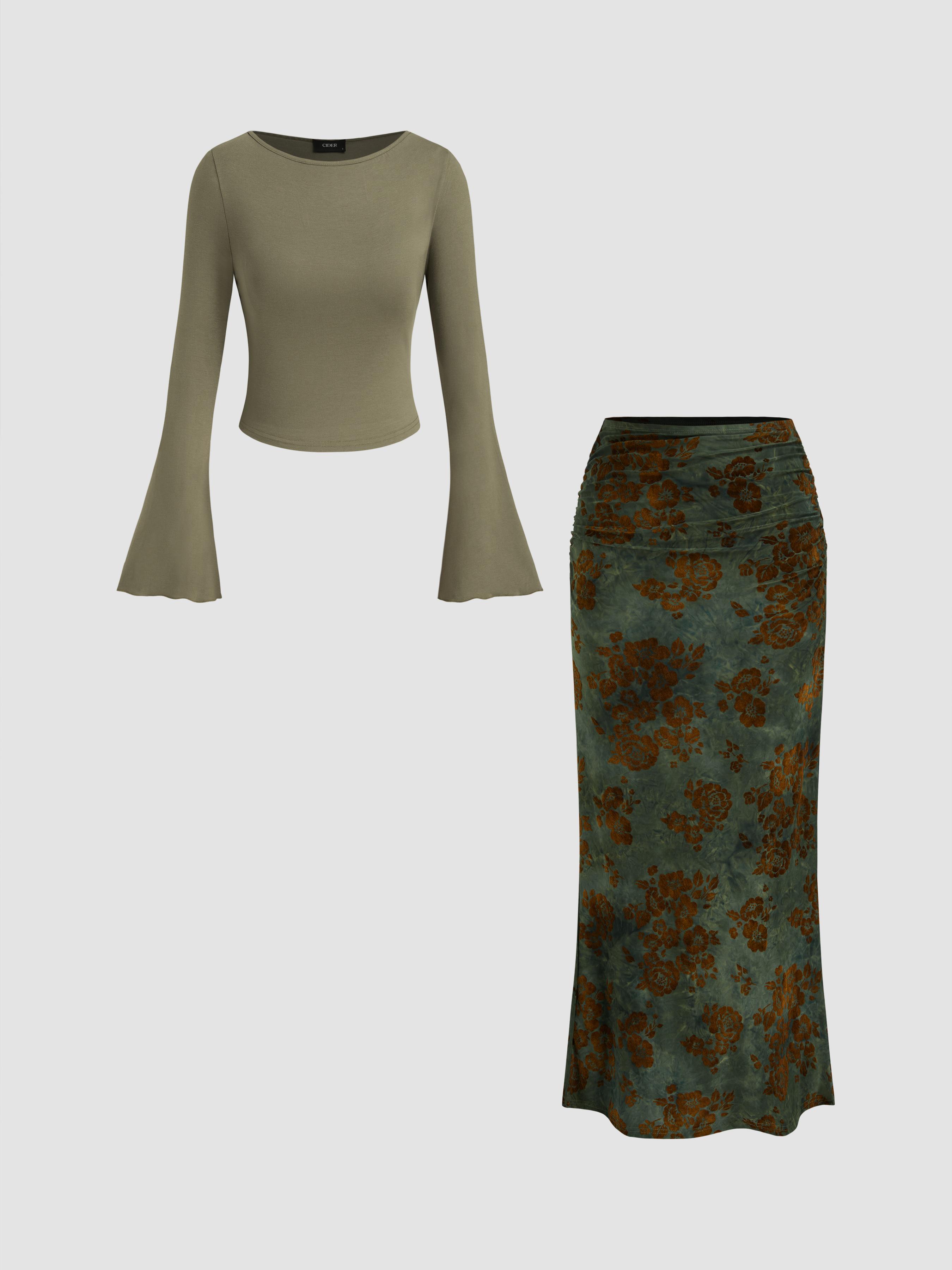 Boat Neck Long Sleeve Top & Mid Rise Floral Ruched Maxi Skirt Set by CIDER