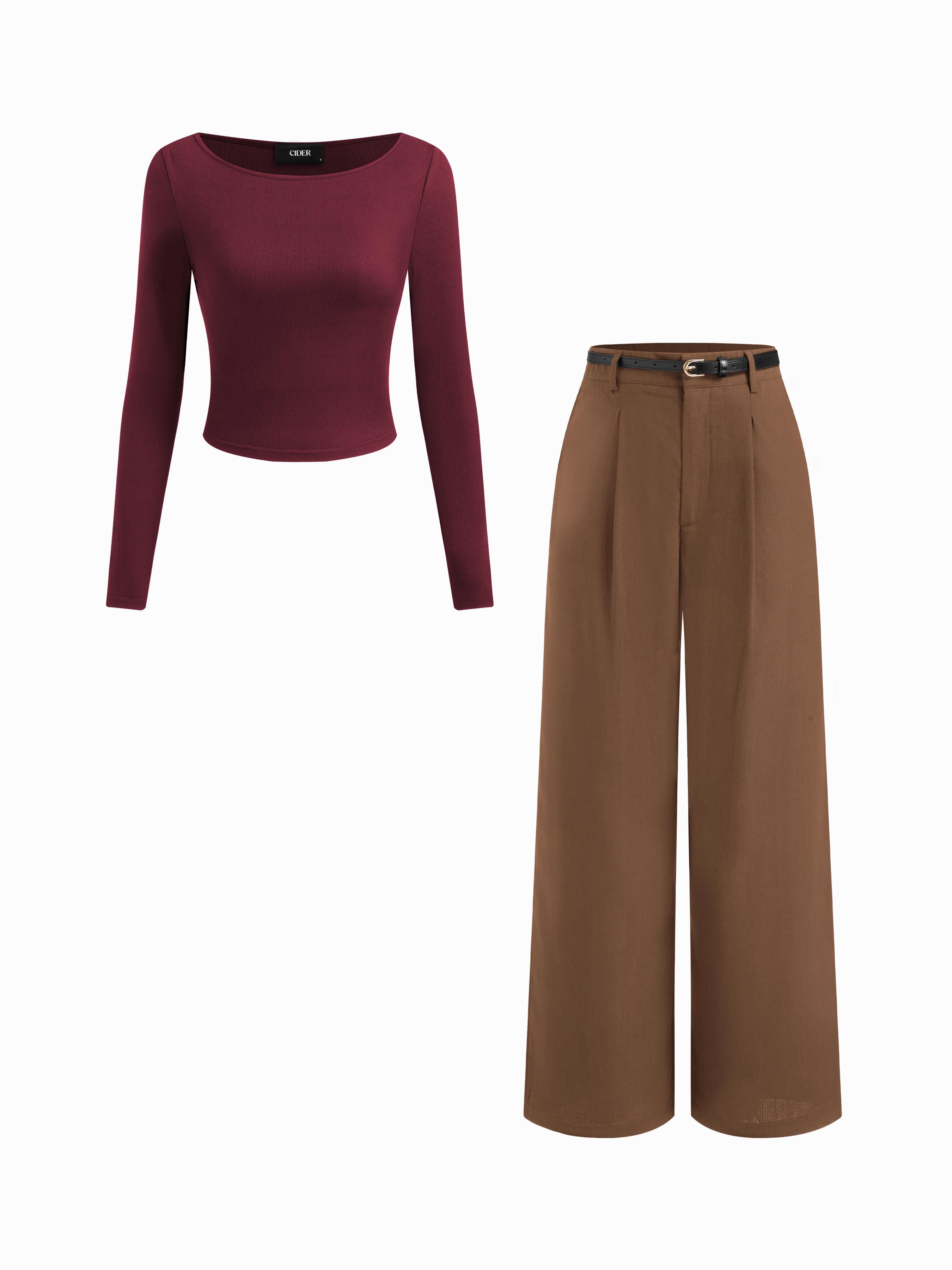 Boat Neck Long Sleeve Top & Mid Rise Straight Leg Trousers With Belt Set by CIDER Boat Neck Long Sleeve Top & Mid Rise Straight Leg Trousers With Belt Set by CIDER