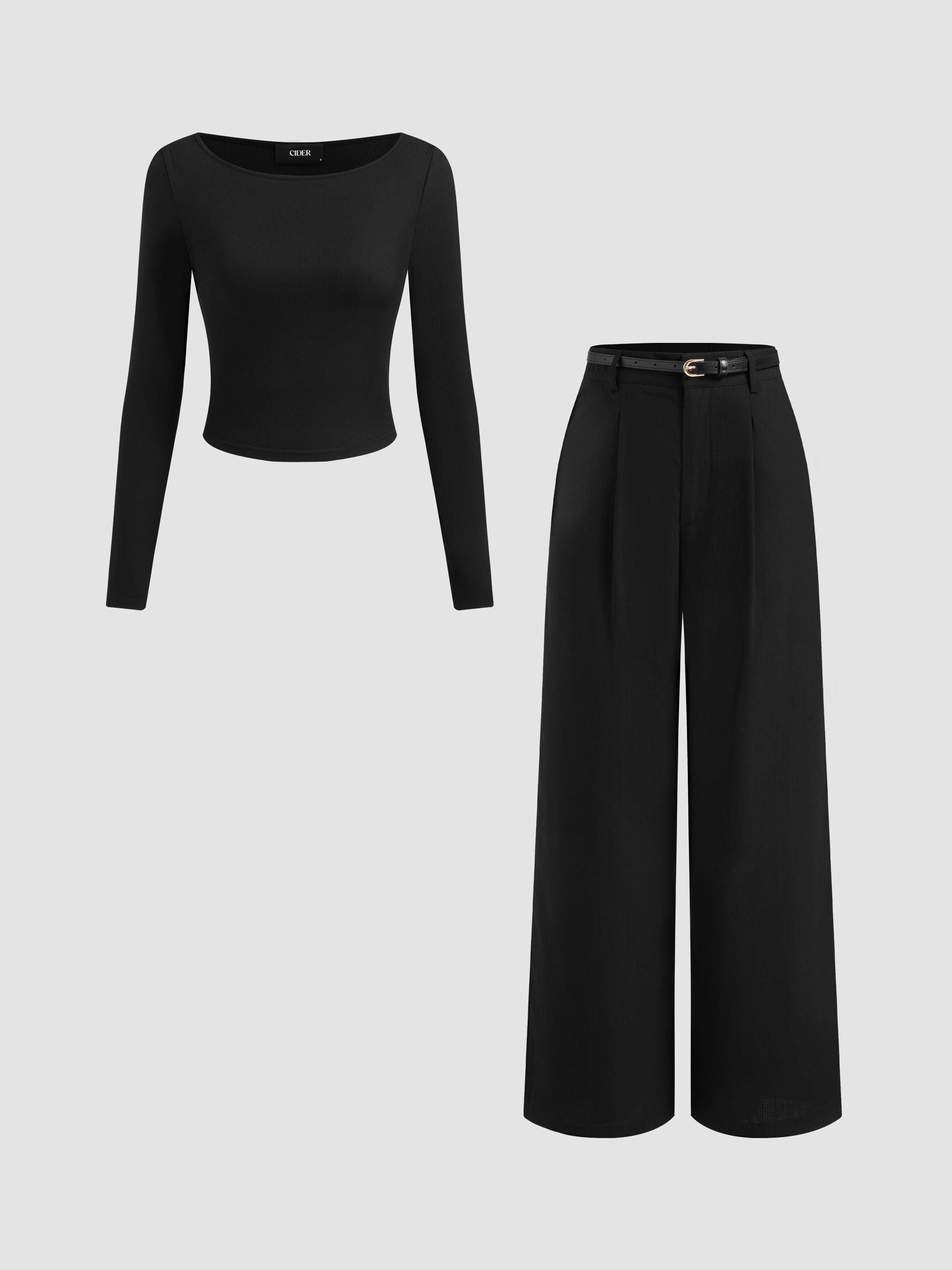 Boat Neck Long Sleeve Top & Mid Rise Straight Leg Trousers With Belt Set by CIDER