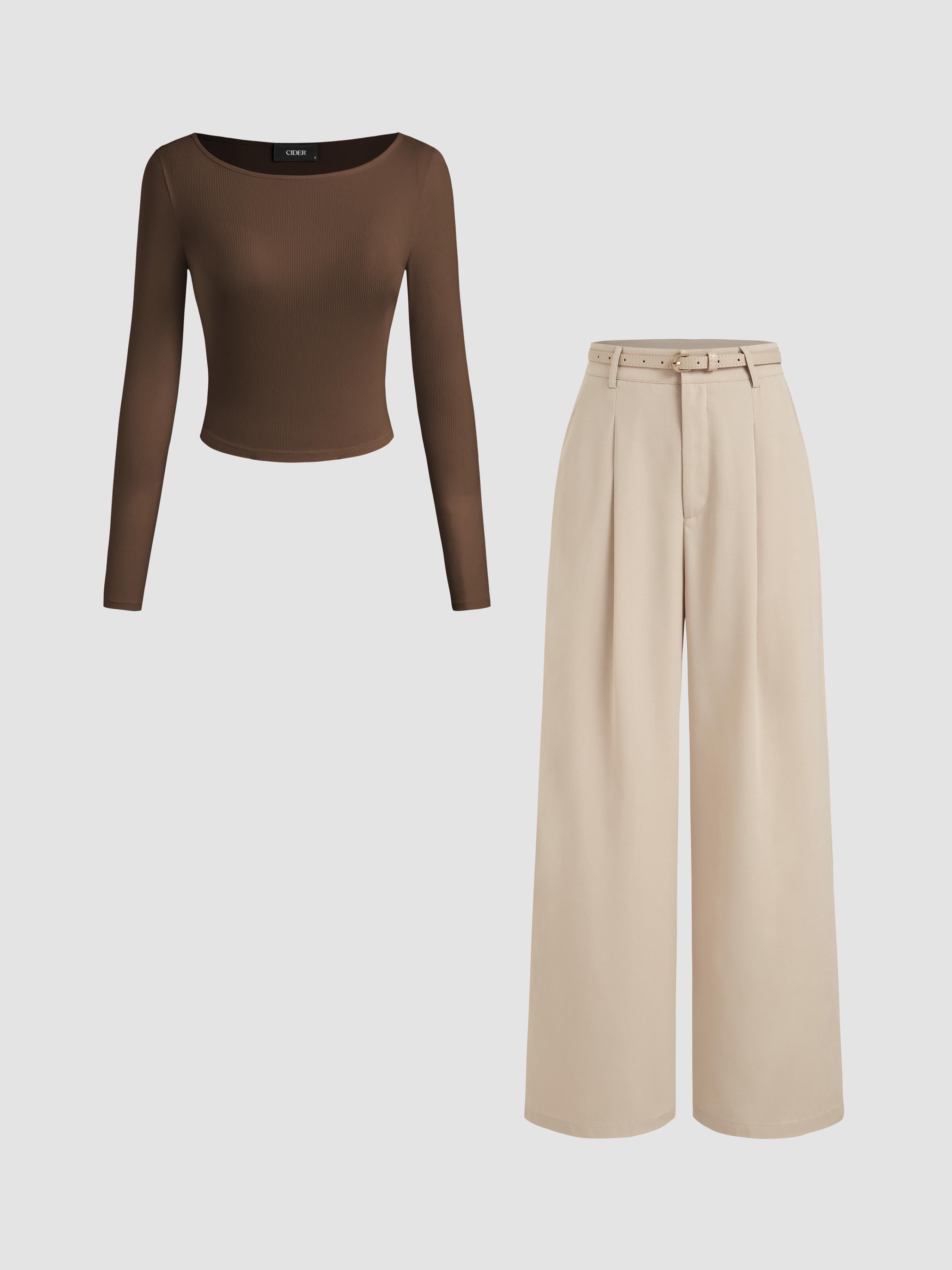 Boat Neck Long Sleeve Top & Mid Rise Straight Leg Trousers With Belt Set by CIDER