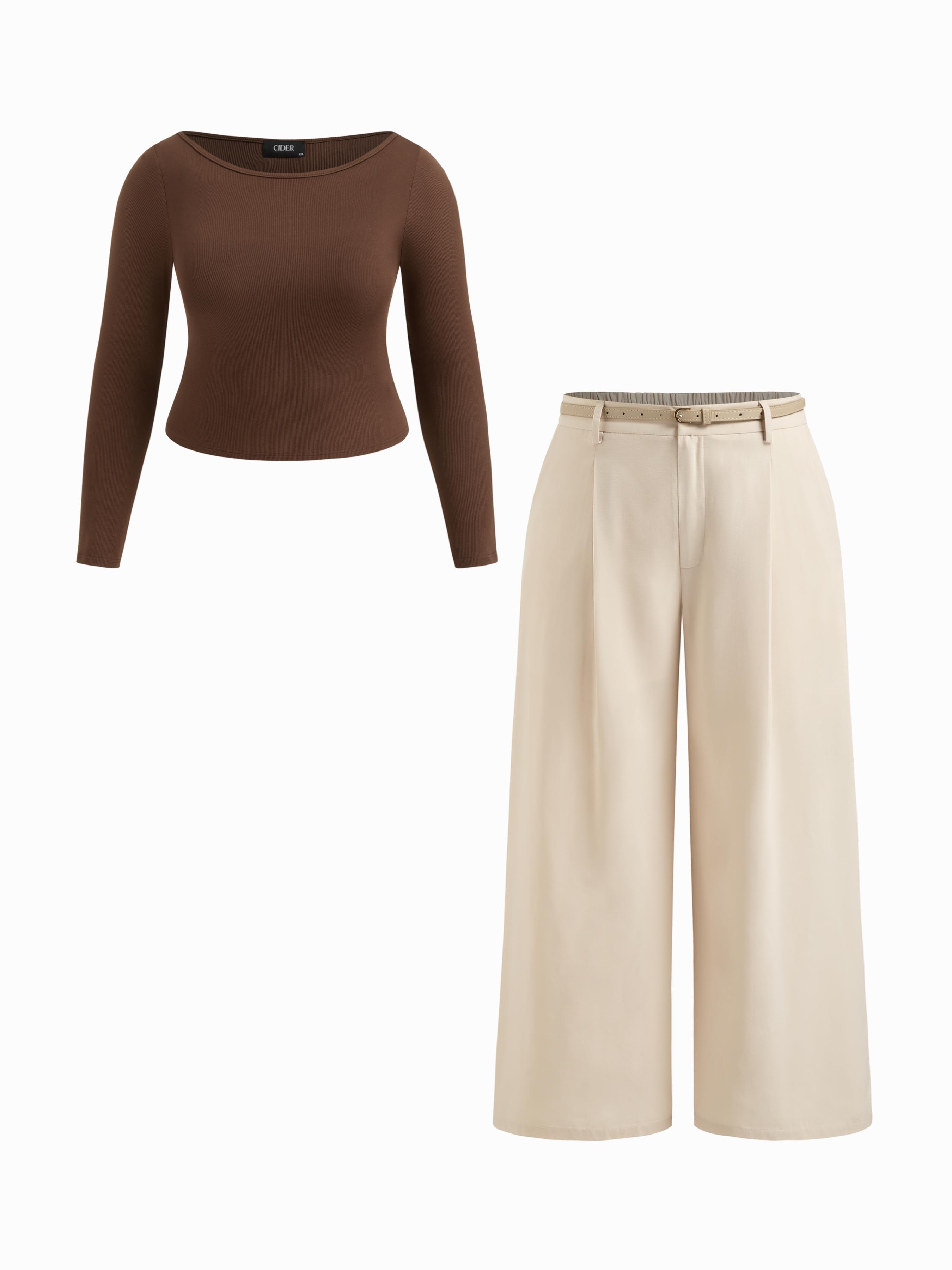 Boat Neck Long Sleeve Top & Mid Rise Straight Leg Trousers With Belt Set Curve & Plus by CIDER
