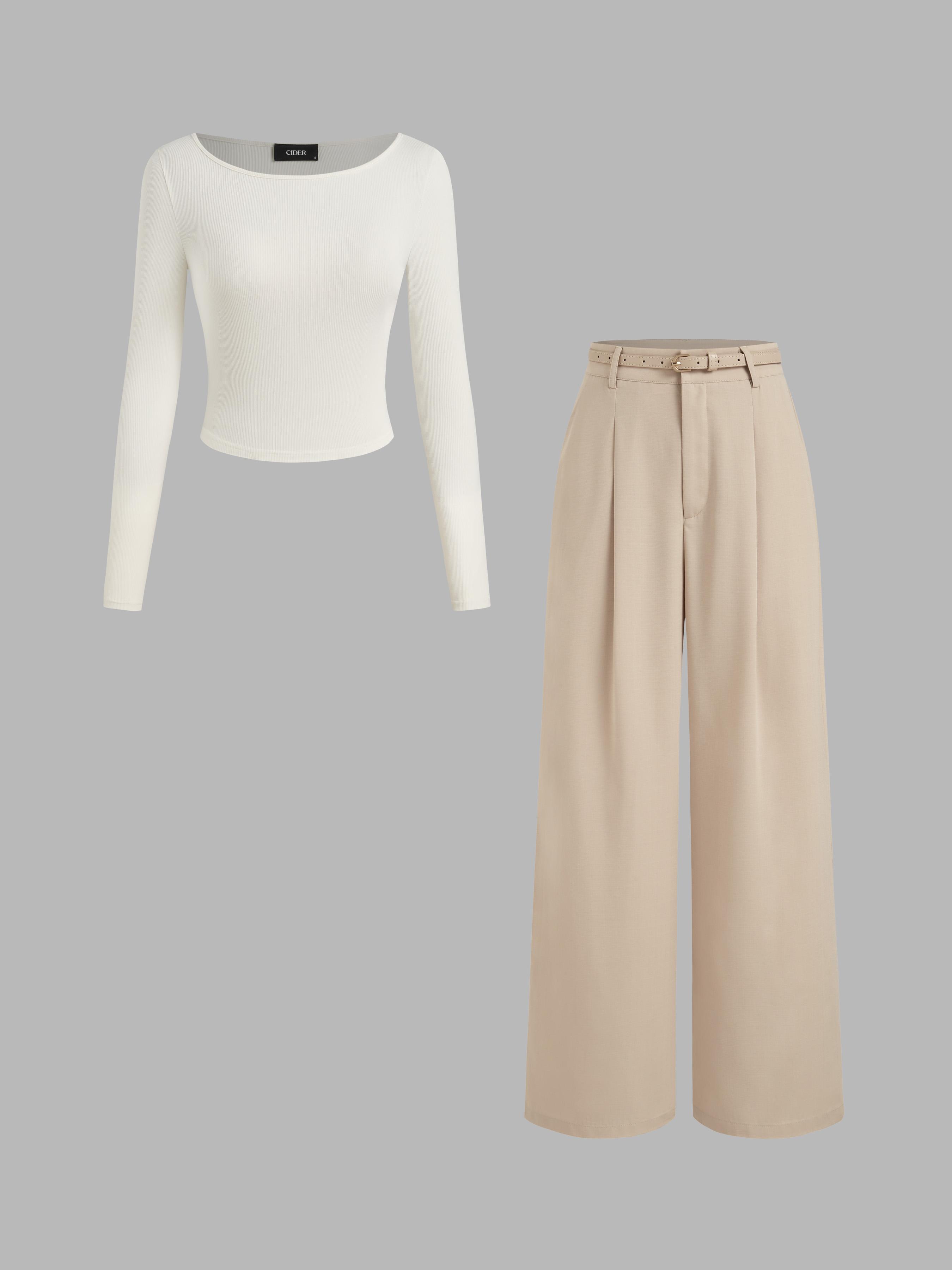 Boat Neck Long Sleeve Top & Mid Rise Straight Leg Trousers With Belt Set by CIDER
