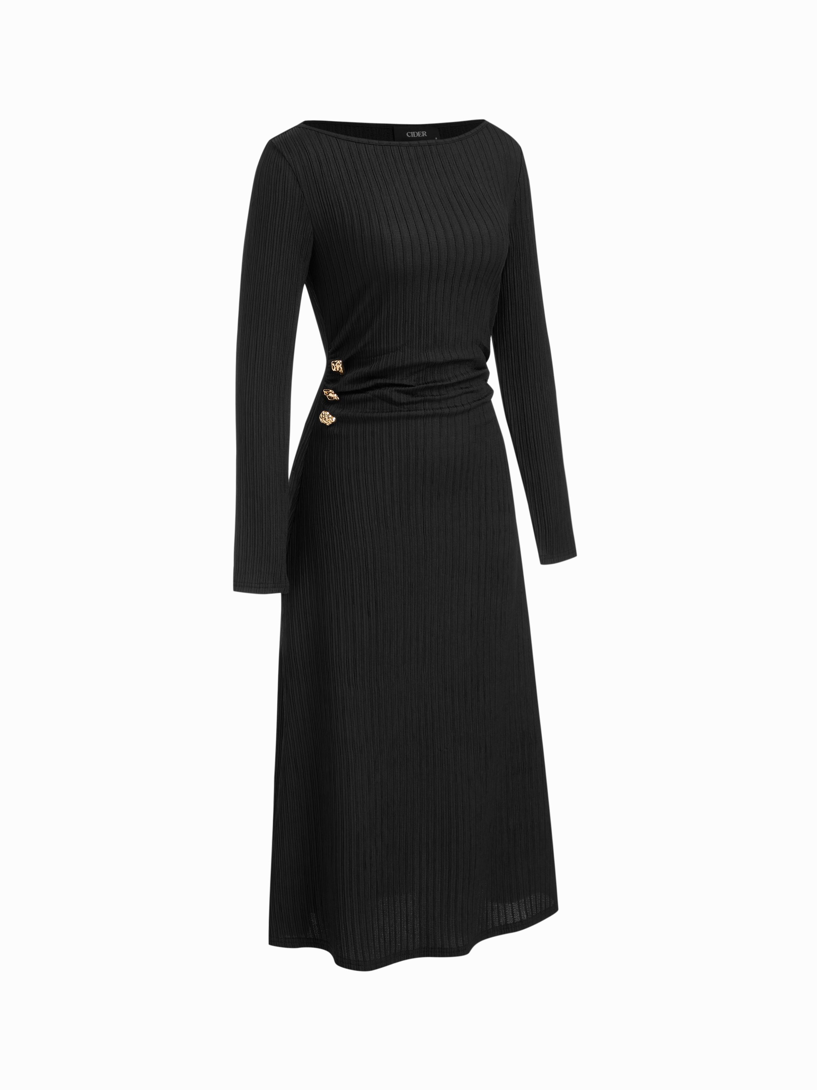 Boat Neck Metal Button Ruched Midi Dress by CIDER