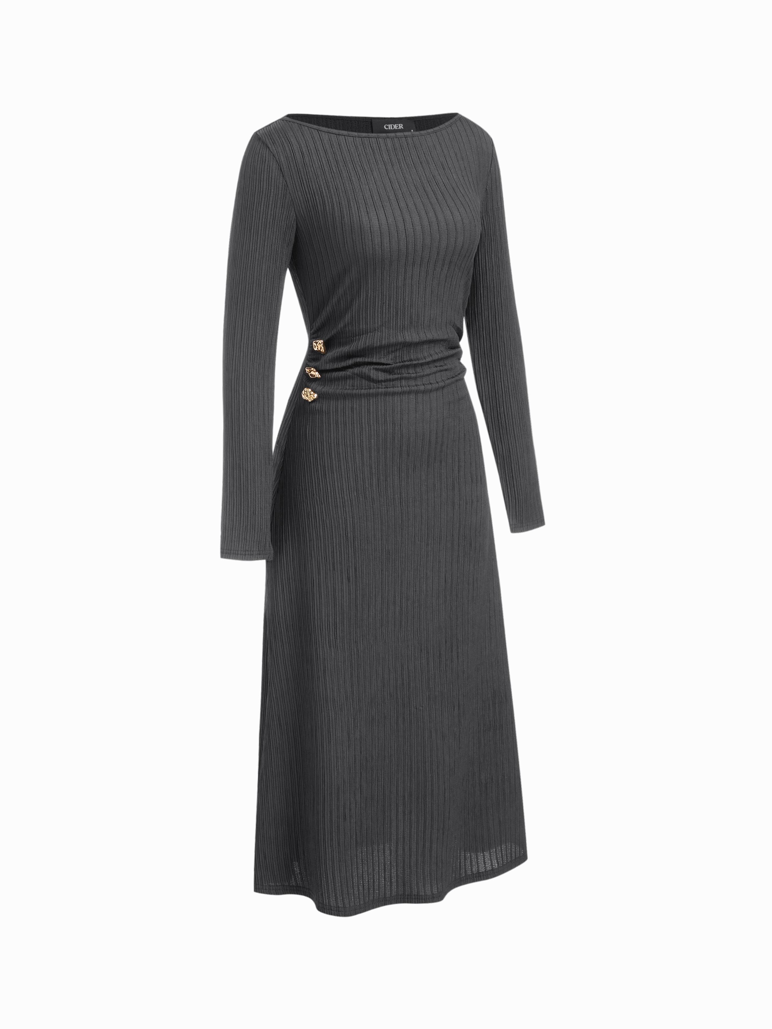 Boat Neck Metal Button Ruched Midi Dress by CIDER