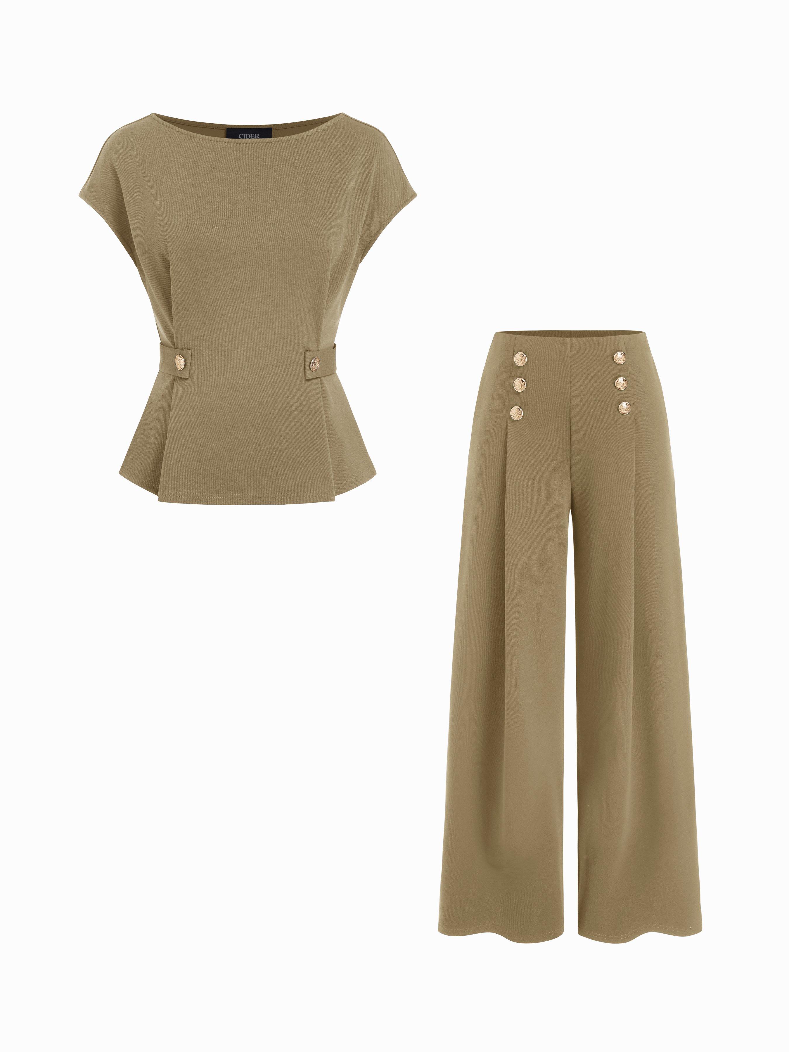 Boat Neck Metal Button Top & Mid Rise Pleated Straight Leg Trousers Set by CIDER