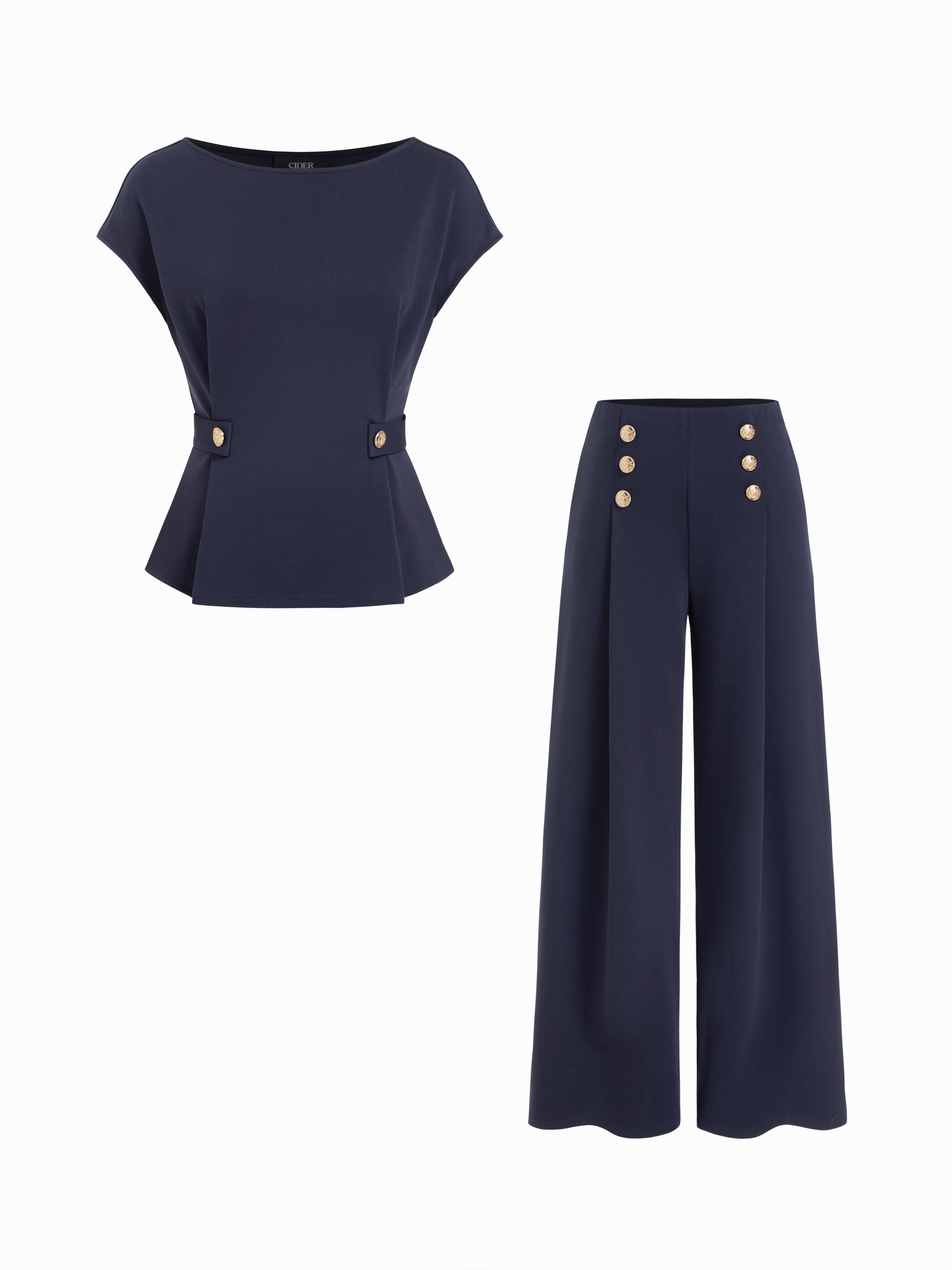 Boat Neck Metal Button Top & Mid Rise Pleated Straight Leg Trousers Set by CIDER