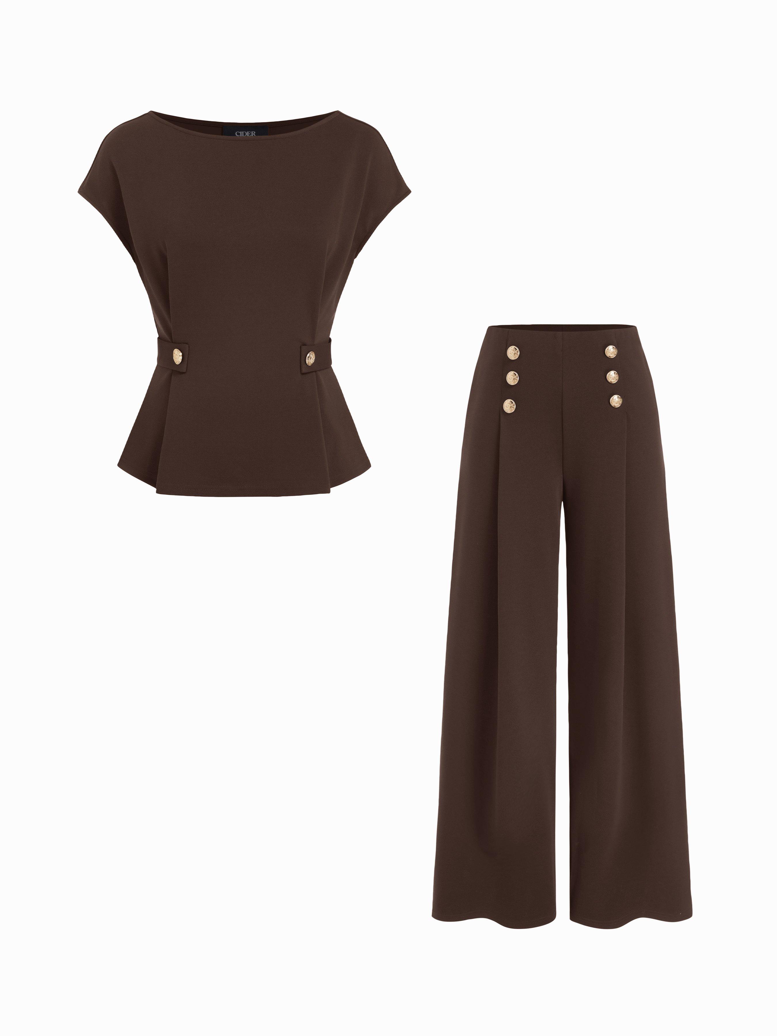 Boat Neck Metal Button Top & Mid Rise Pleated Straight Leg Trousers Set by CIDER