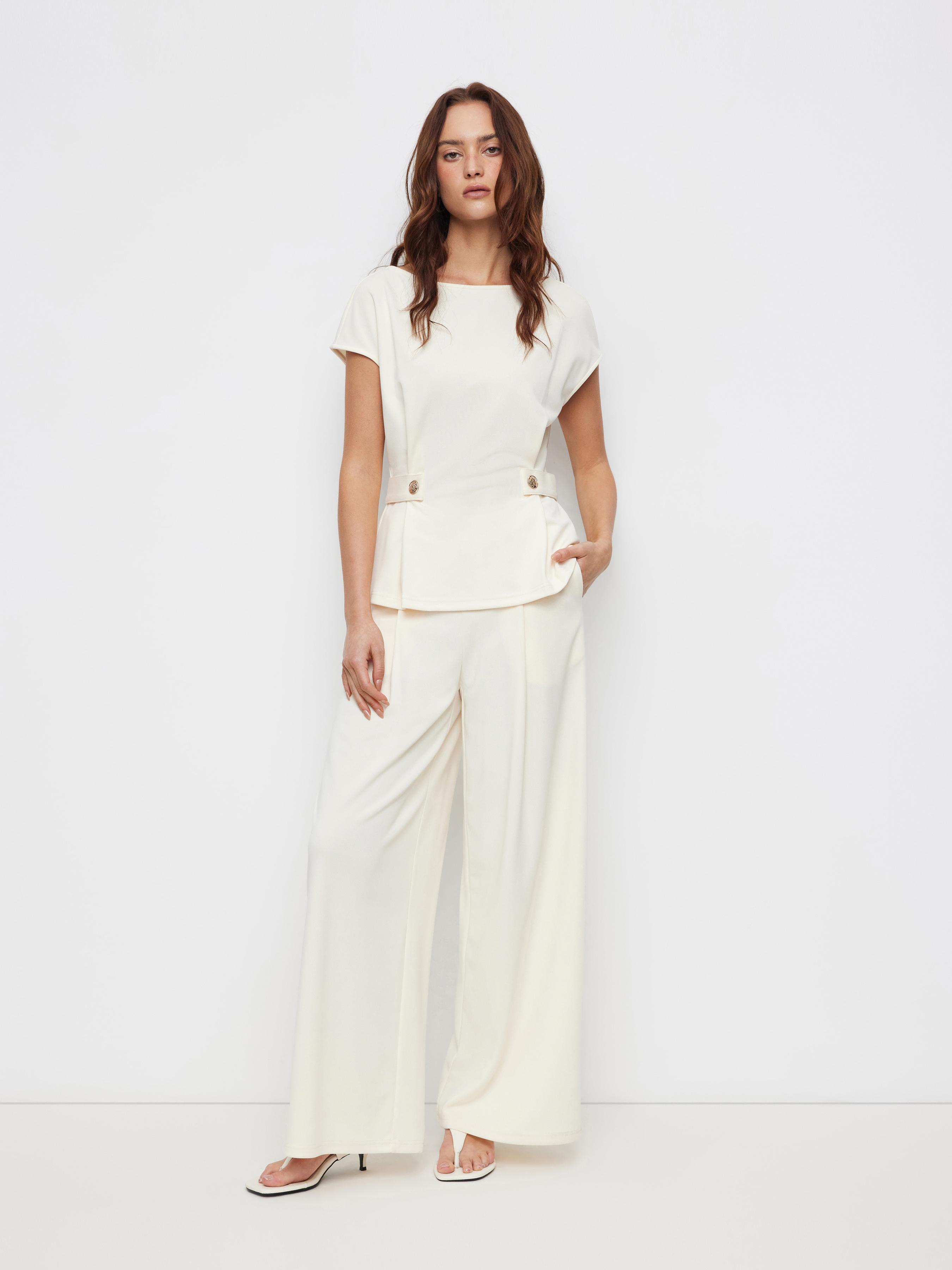 Boat Neck Metal Button Top & Mid Rise Pleated Straight Leg Trousers Set by CIDER