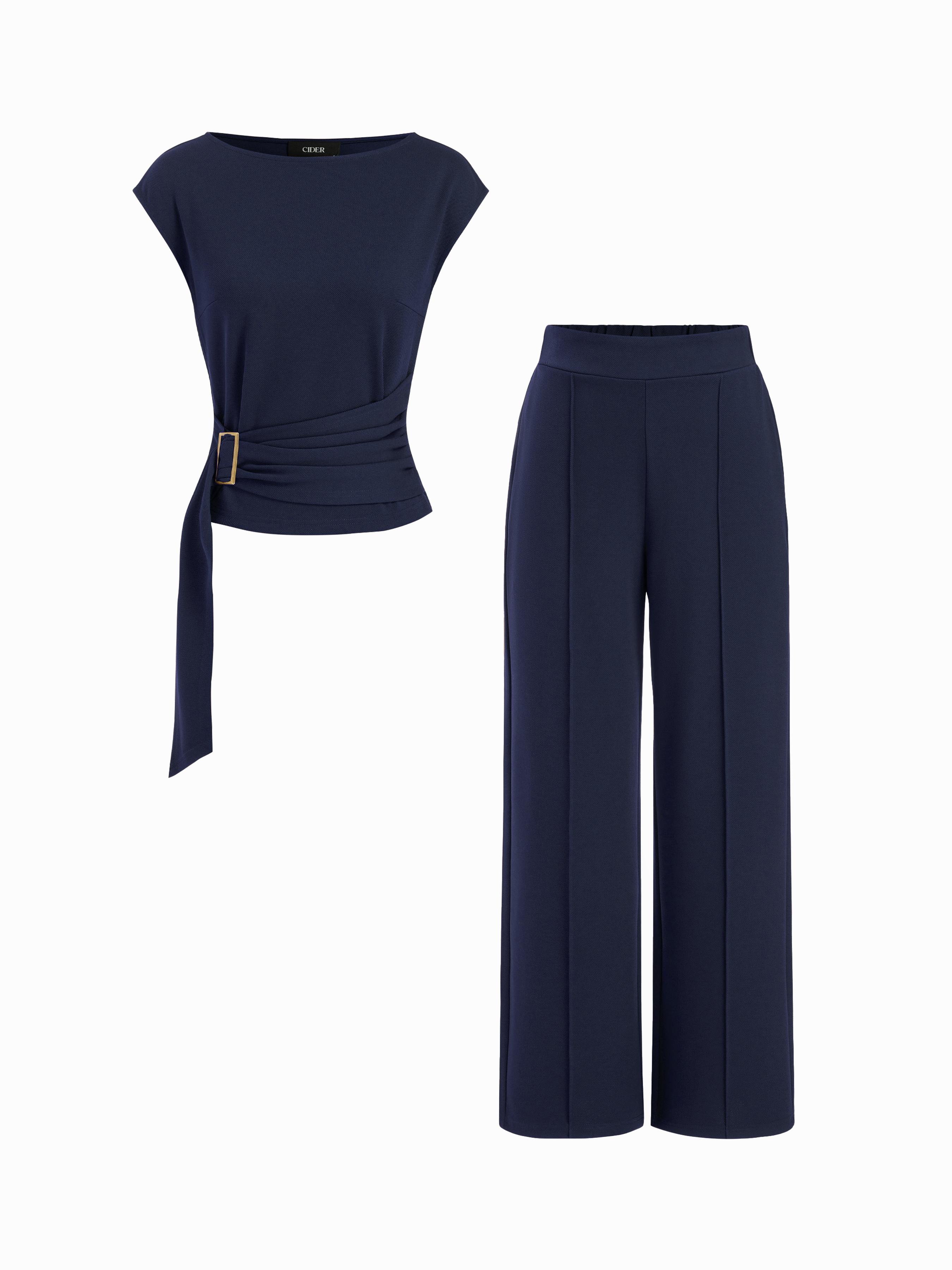 Boat Neck Metal Detail Belted Ruched Top & Mid Rise Straight Leg Trousers Set by CIDER