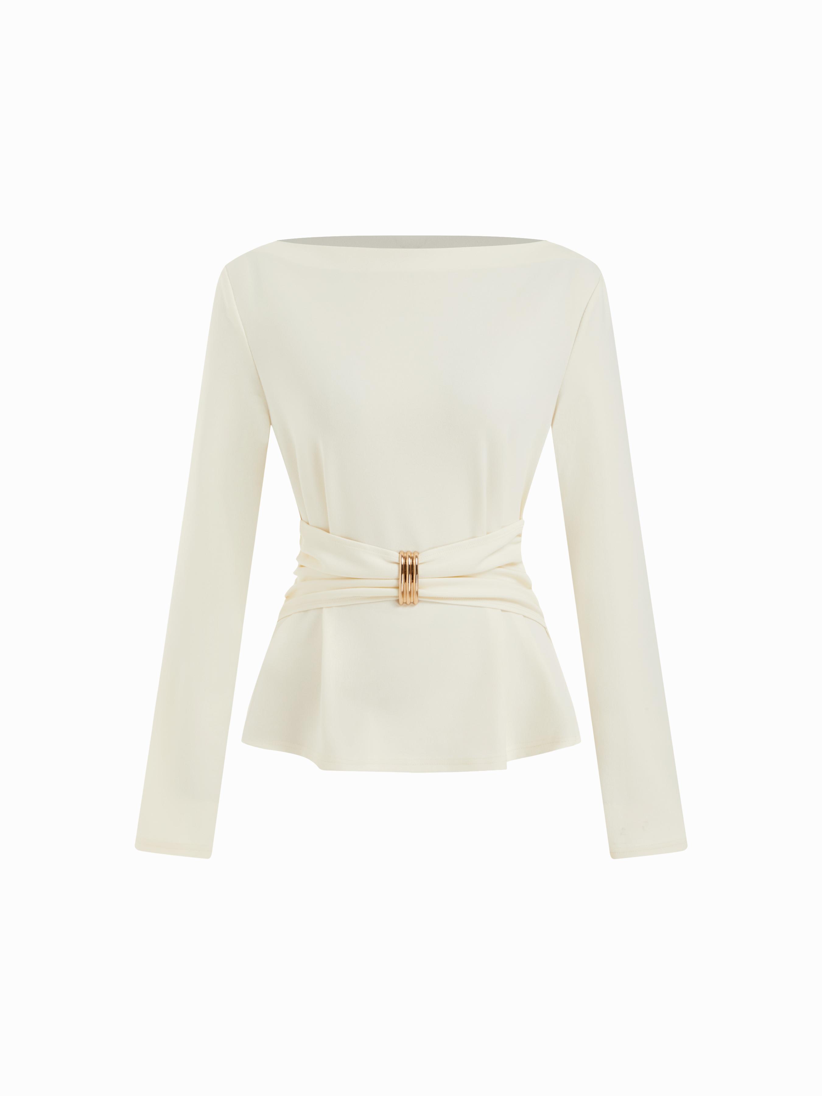 Boat Neck Metal Detail Ruched Top by CIDER