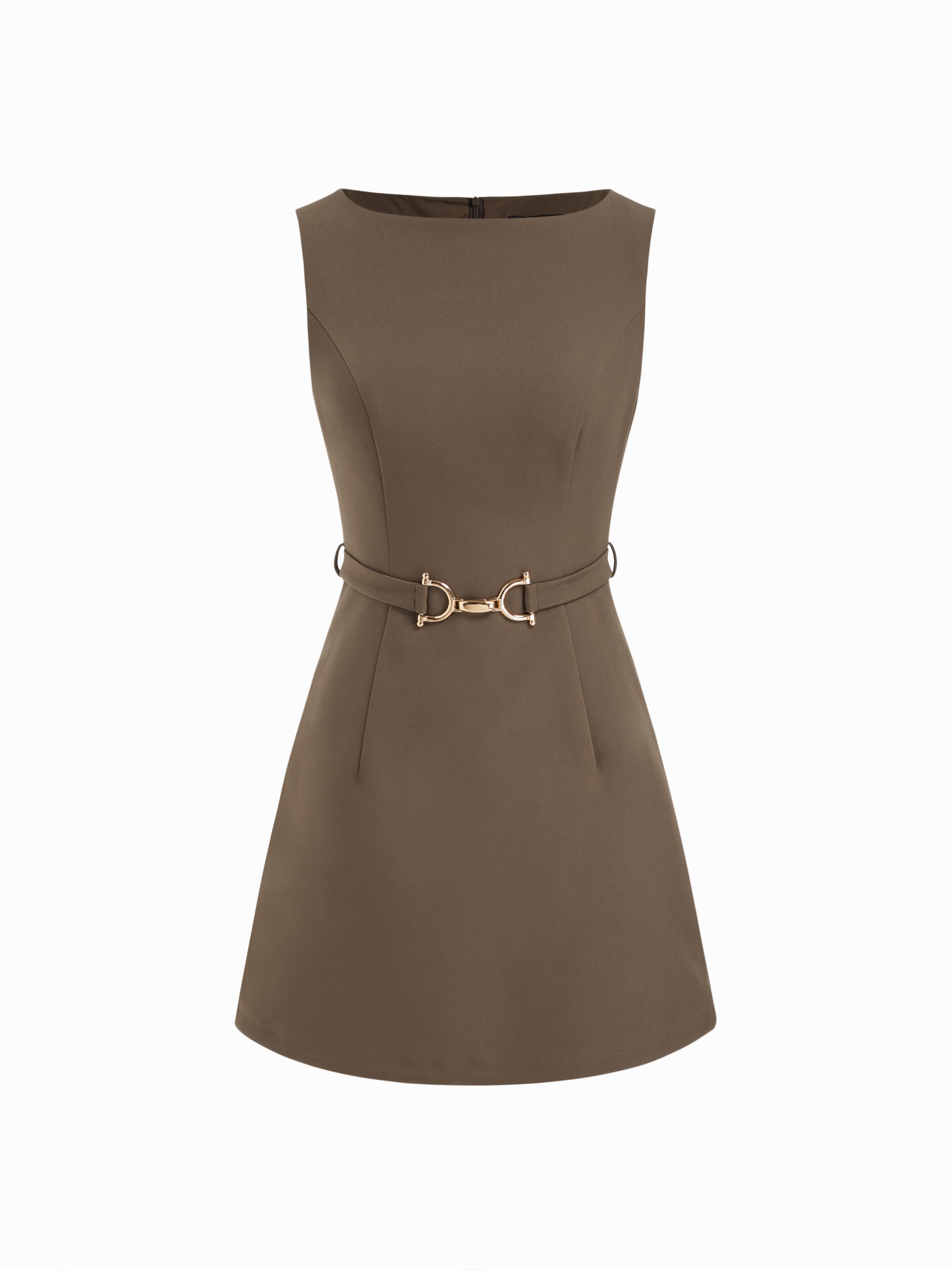 Boat Neck Metal Detail Zipper Mini Dress With Belt by CIDER