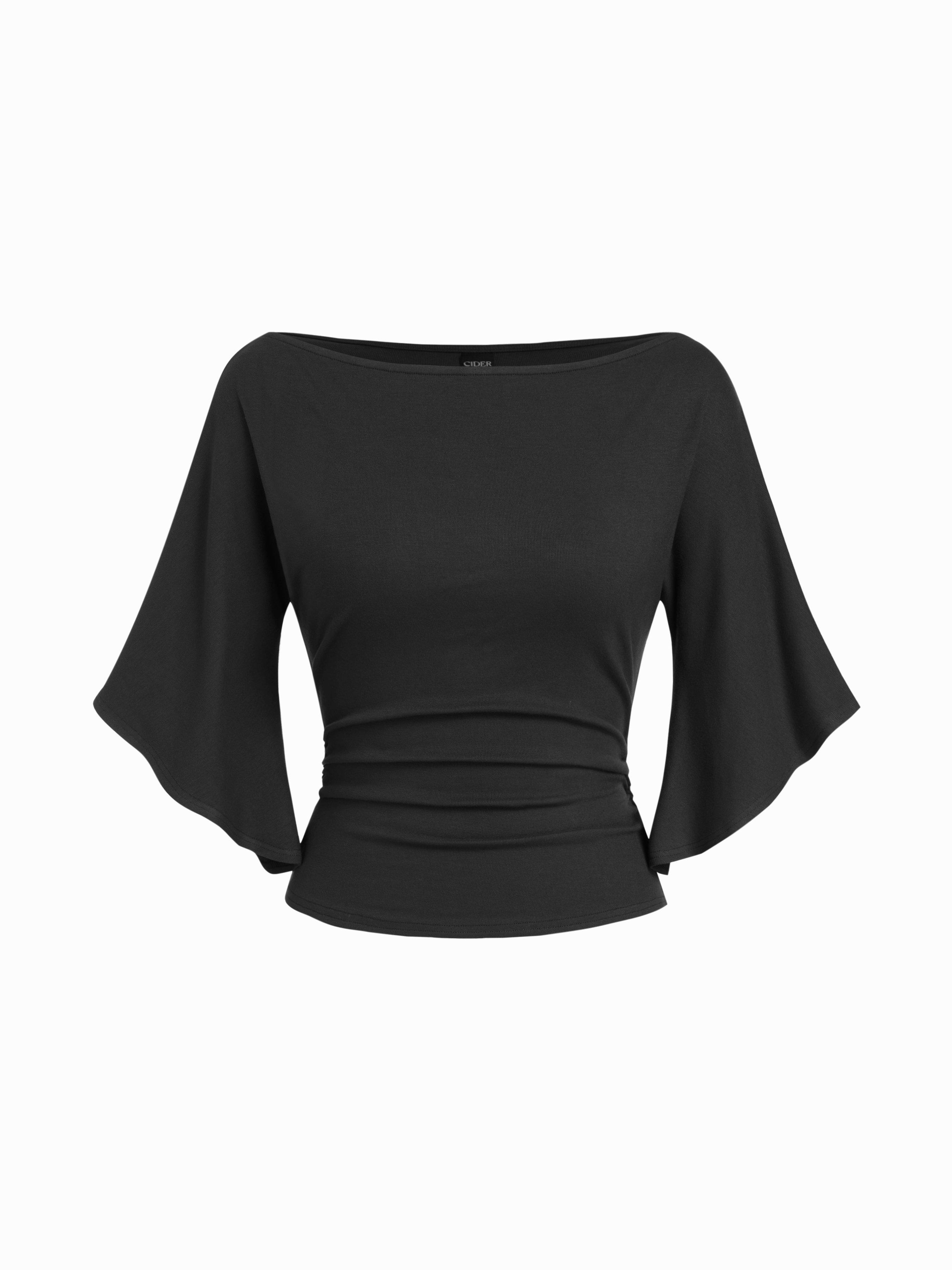 Boat Neck Mid-length Bell Sleeve Ruched Tee by CIDER