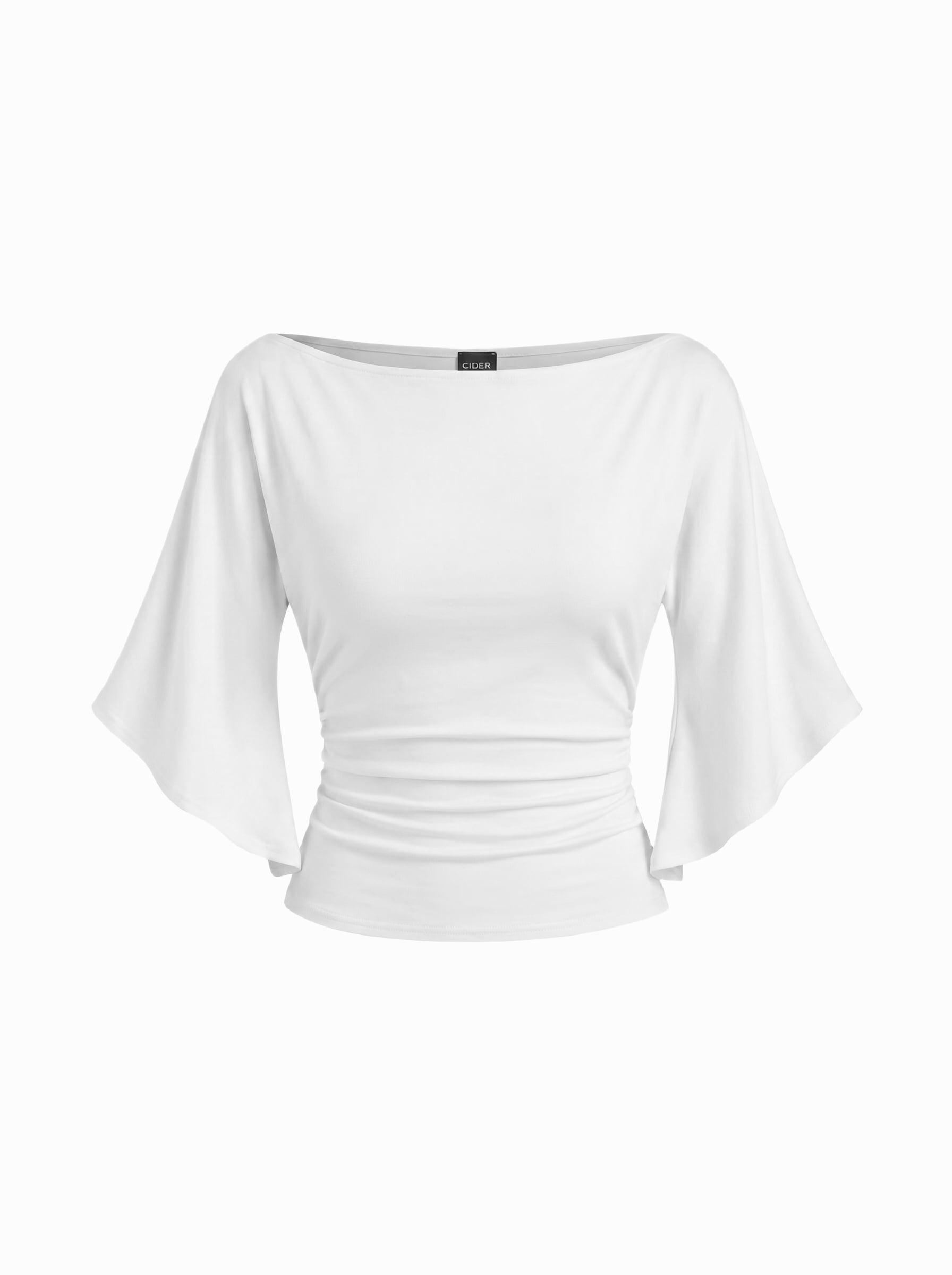 Boat Neck Mid-length Bell Sleeve Ruched Tee by CIDER