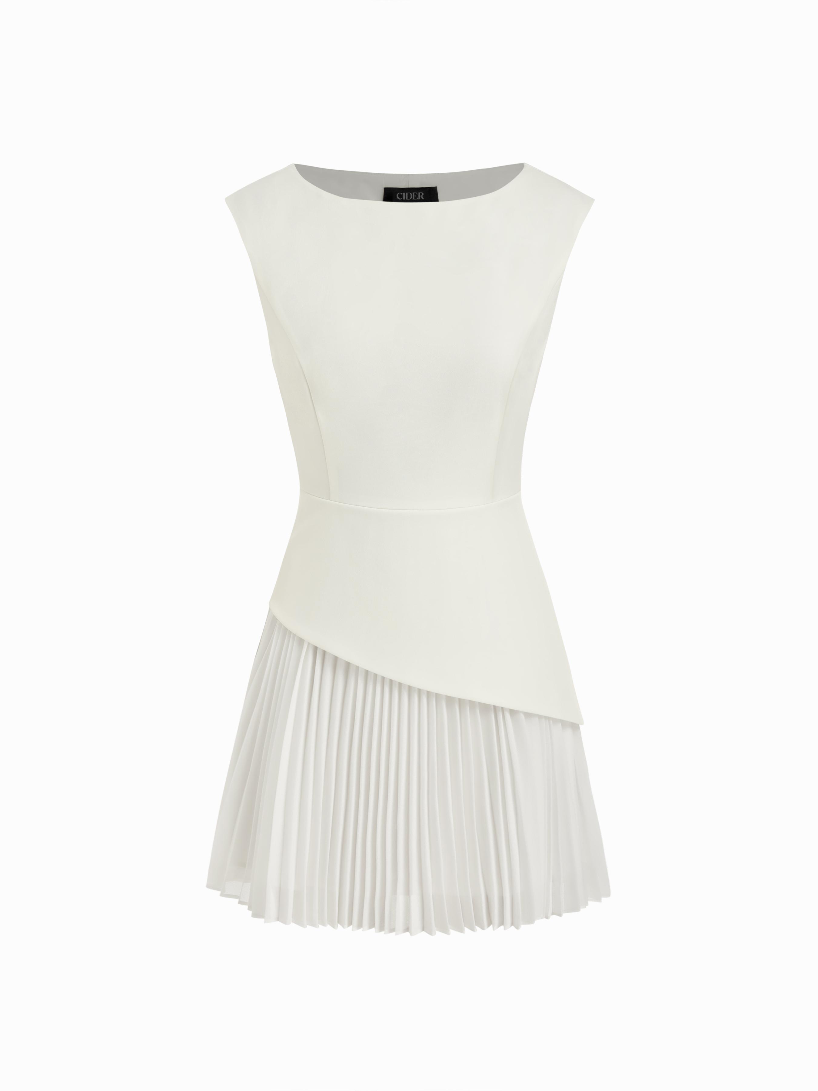 Boat Neck Pleated A-line Mini Dress by CIDER