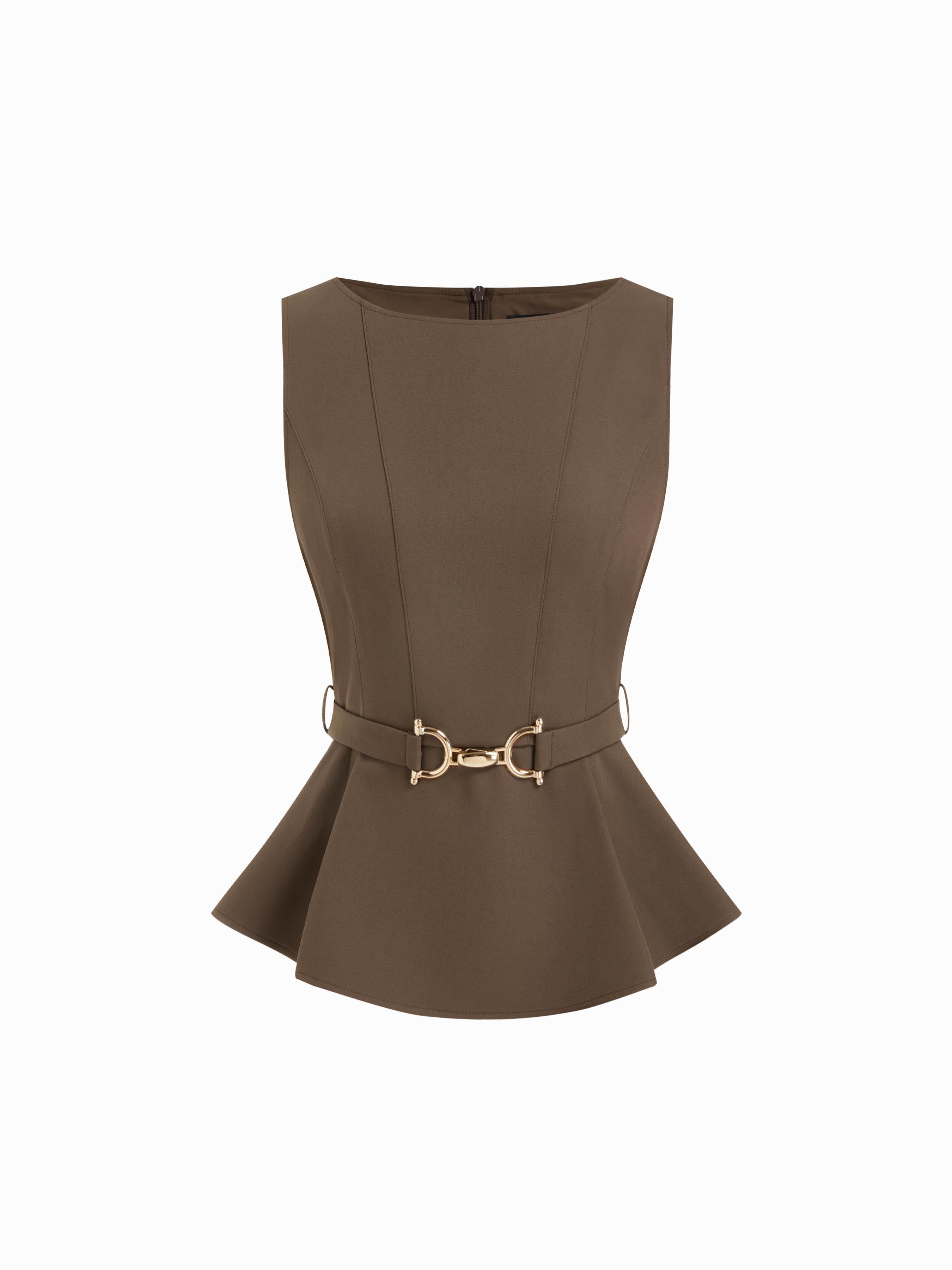 Boat Neck Pleated Tank Top With Belt by CIDER