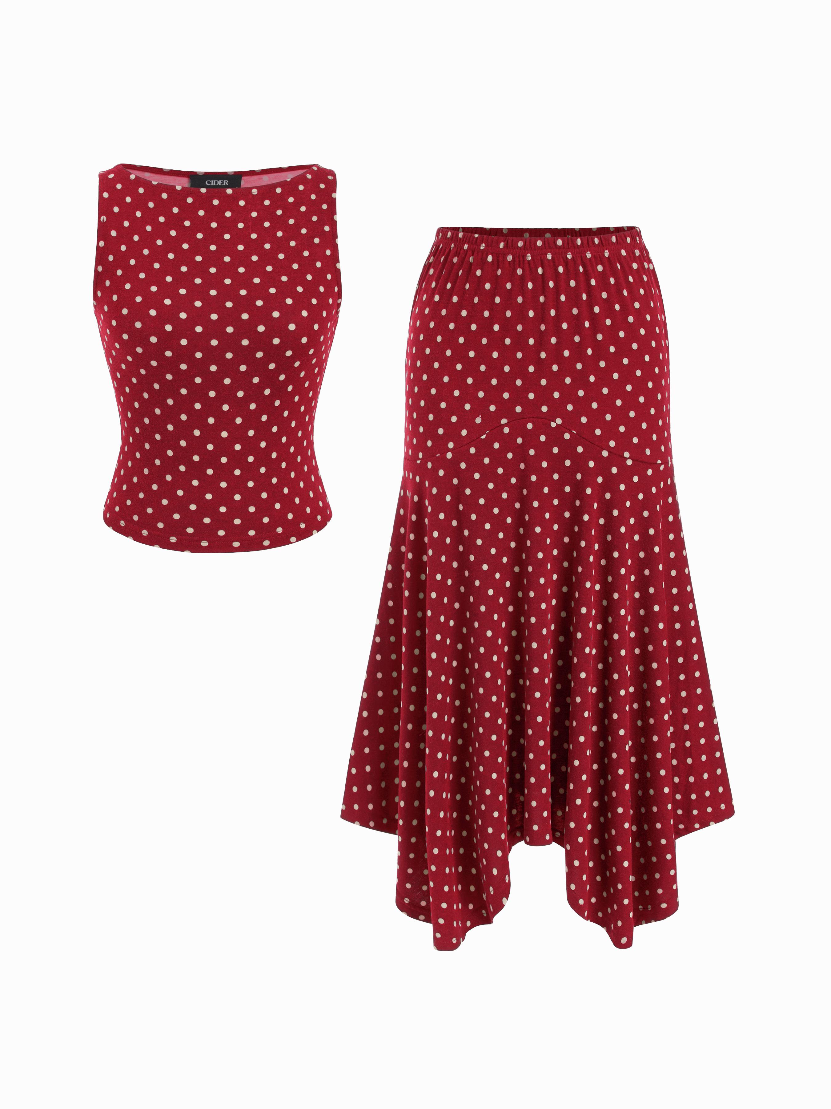 Boat Neck Polka Dot Top & Ruffle Hem Mid Rise Skirt Set by CIDER