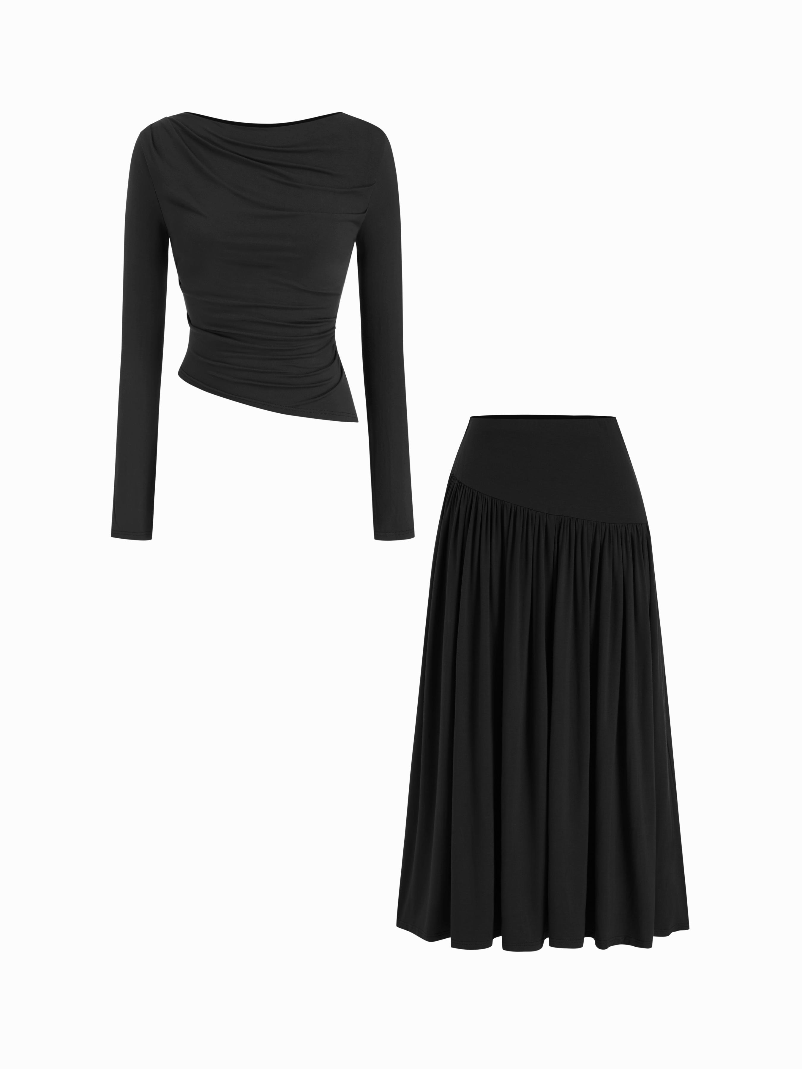 Boat Neck Ruched Asymmetrical Hem Top & Elastic Waist Maxi Skirt Set by CIDER