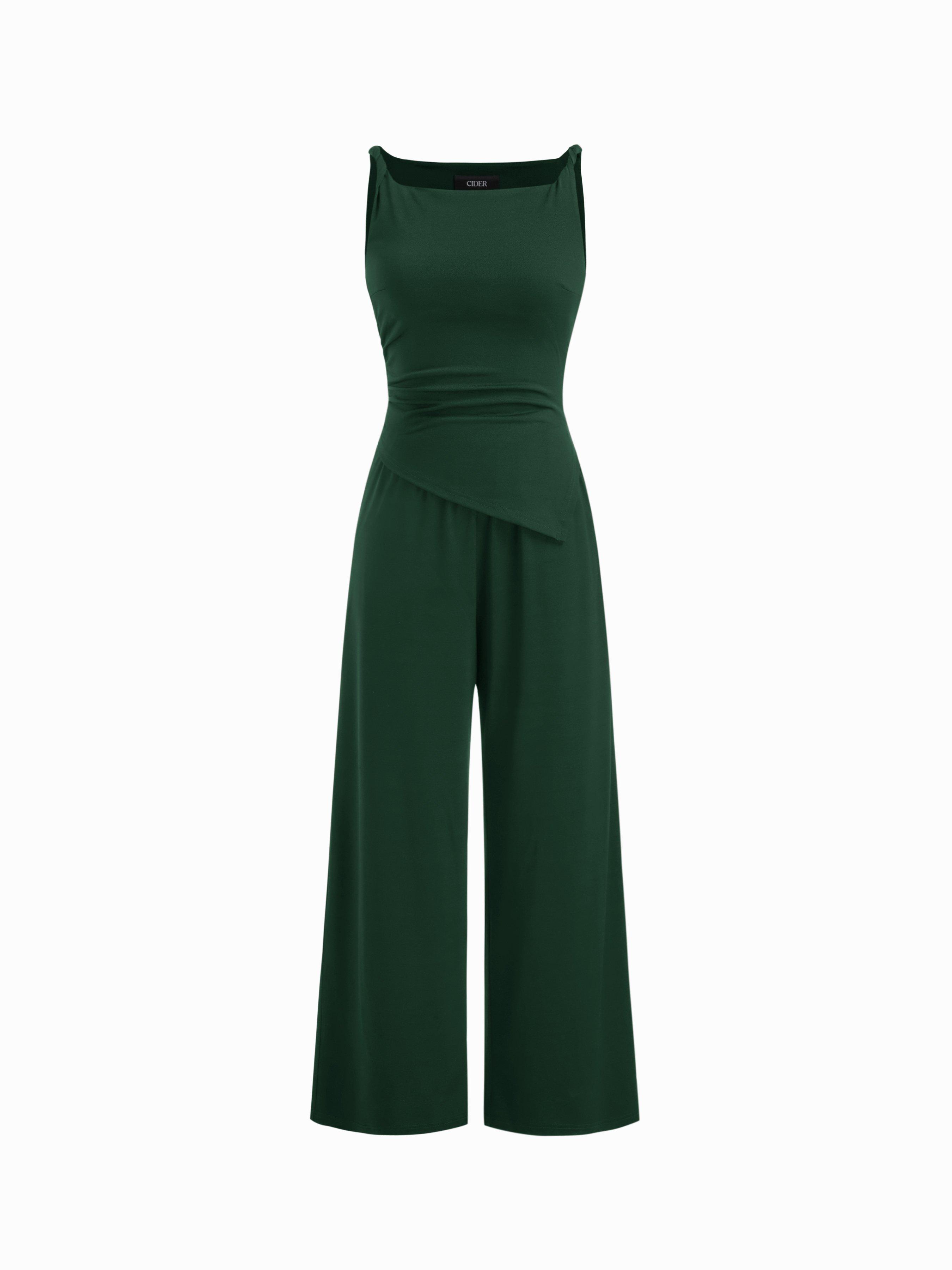 Boat Neck Ruched Asymmetrical Hem Wide Leg Jumpsuit by CIDER