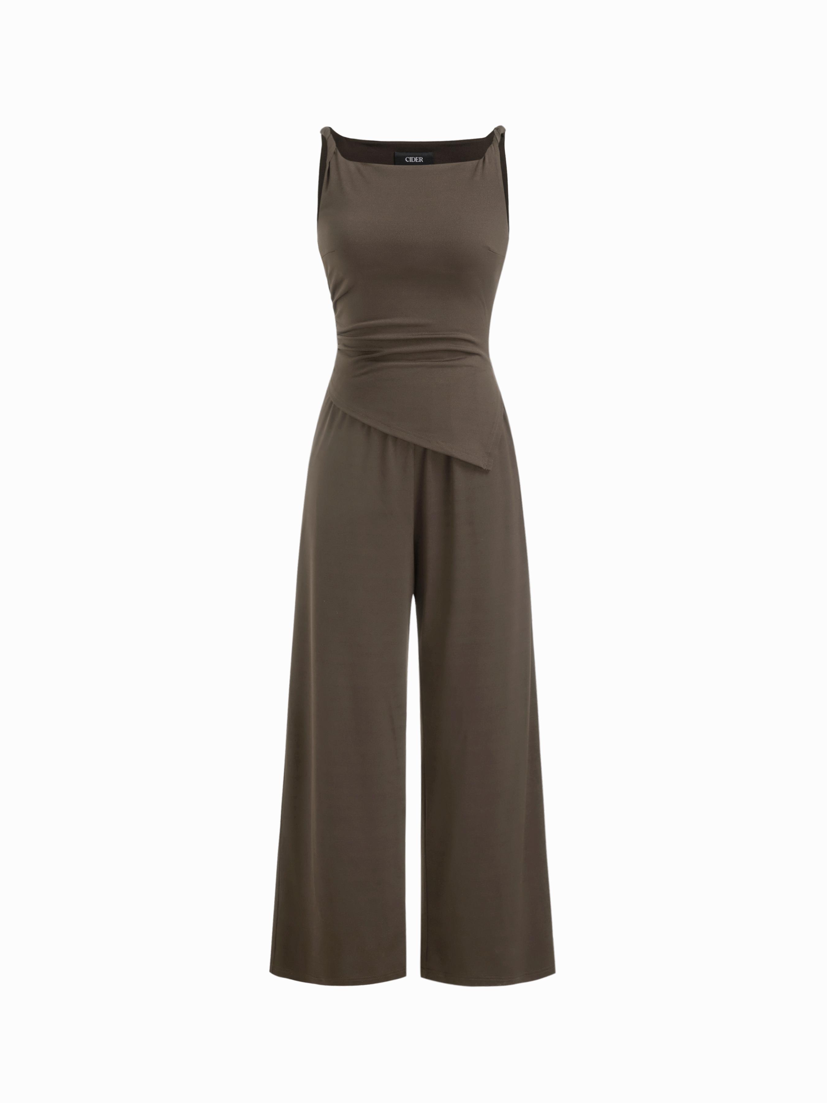 Boat Neck Ruched Asymmetrical Hem Wide Leg Jumpsuit by CIDER