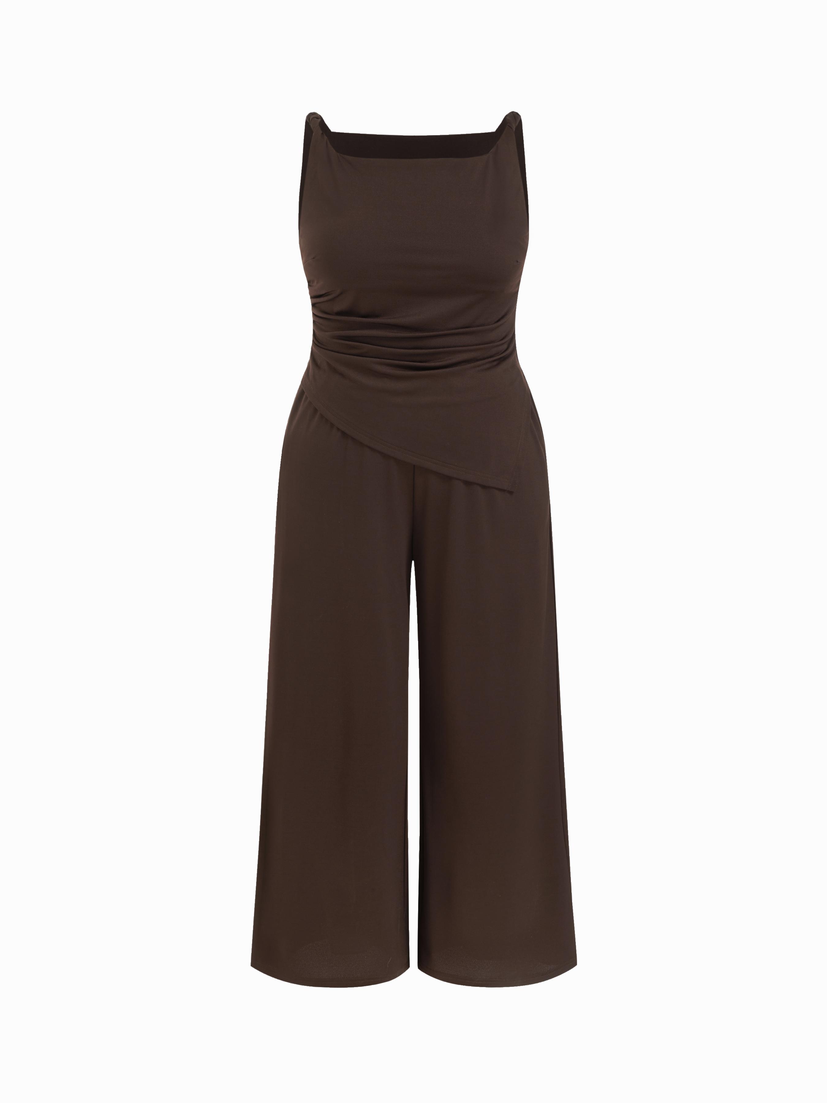 Boat Neck Ruched Asymmetrical Wide Leg Jumpsuit Curve & Plus by CIDER