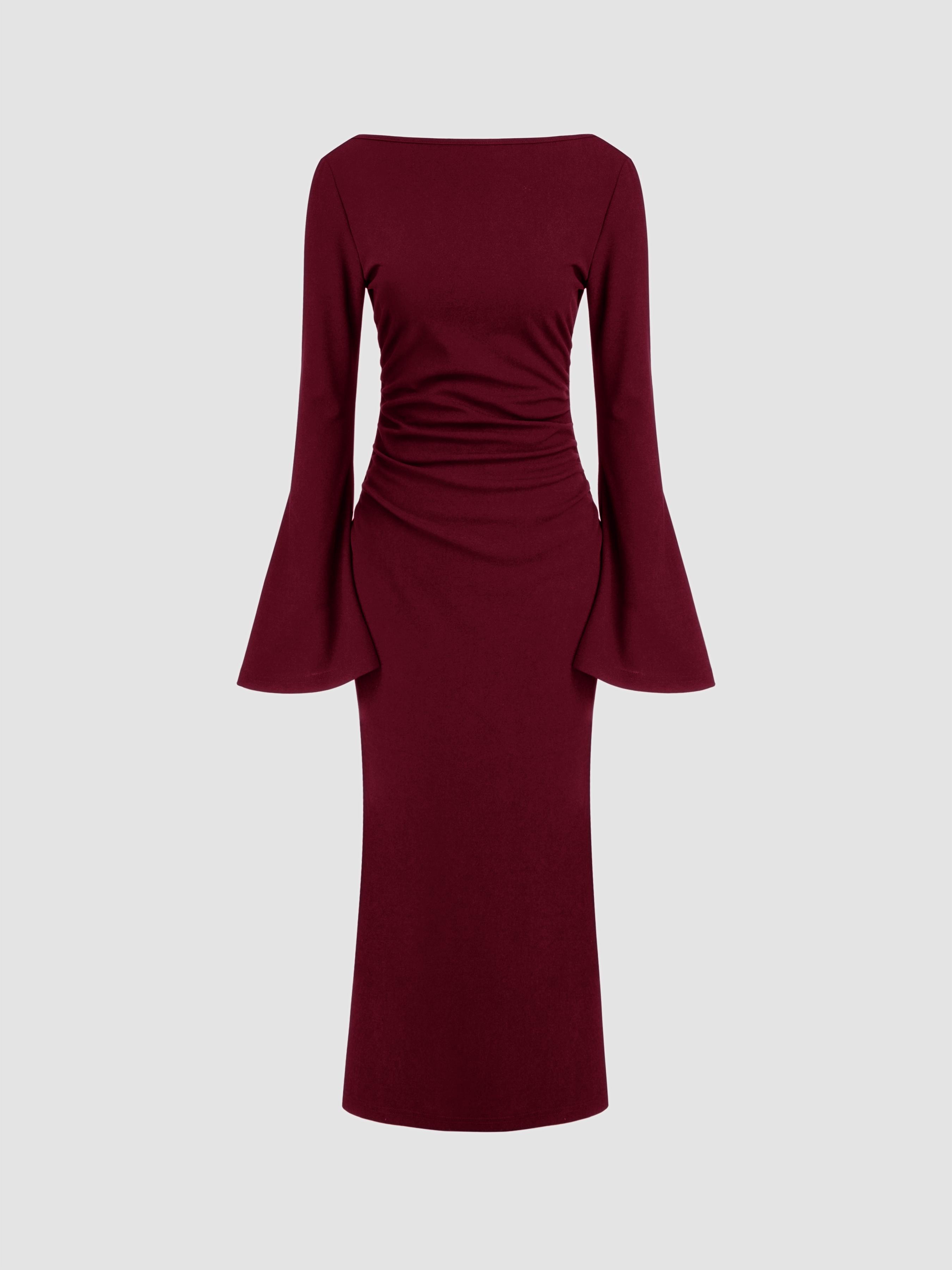Boat Neck Ruched Bell Sleeve Maxi Dress by CIDER