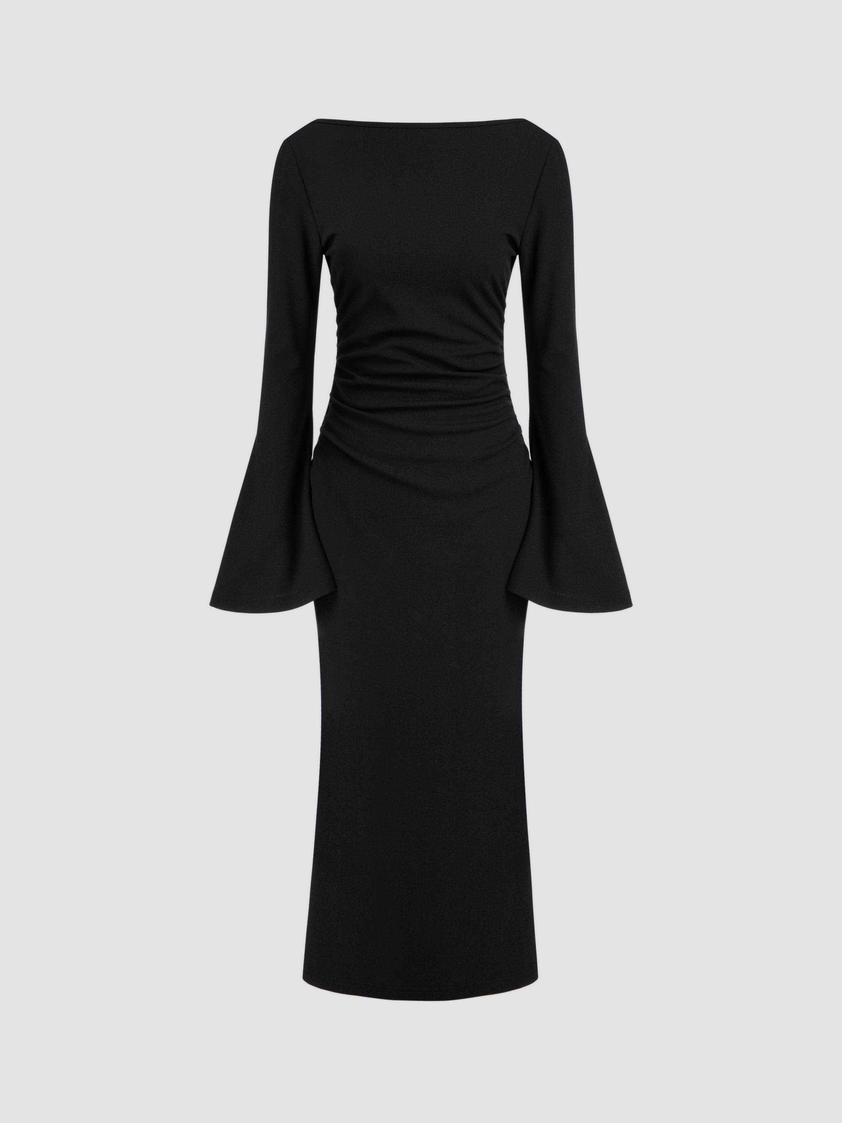 Boat Neck Ruched Bell Sleeve Maxi Dress by CIDER