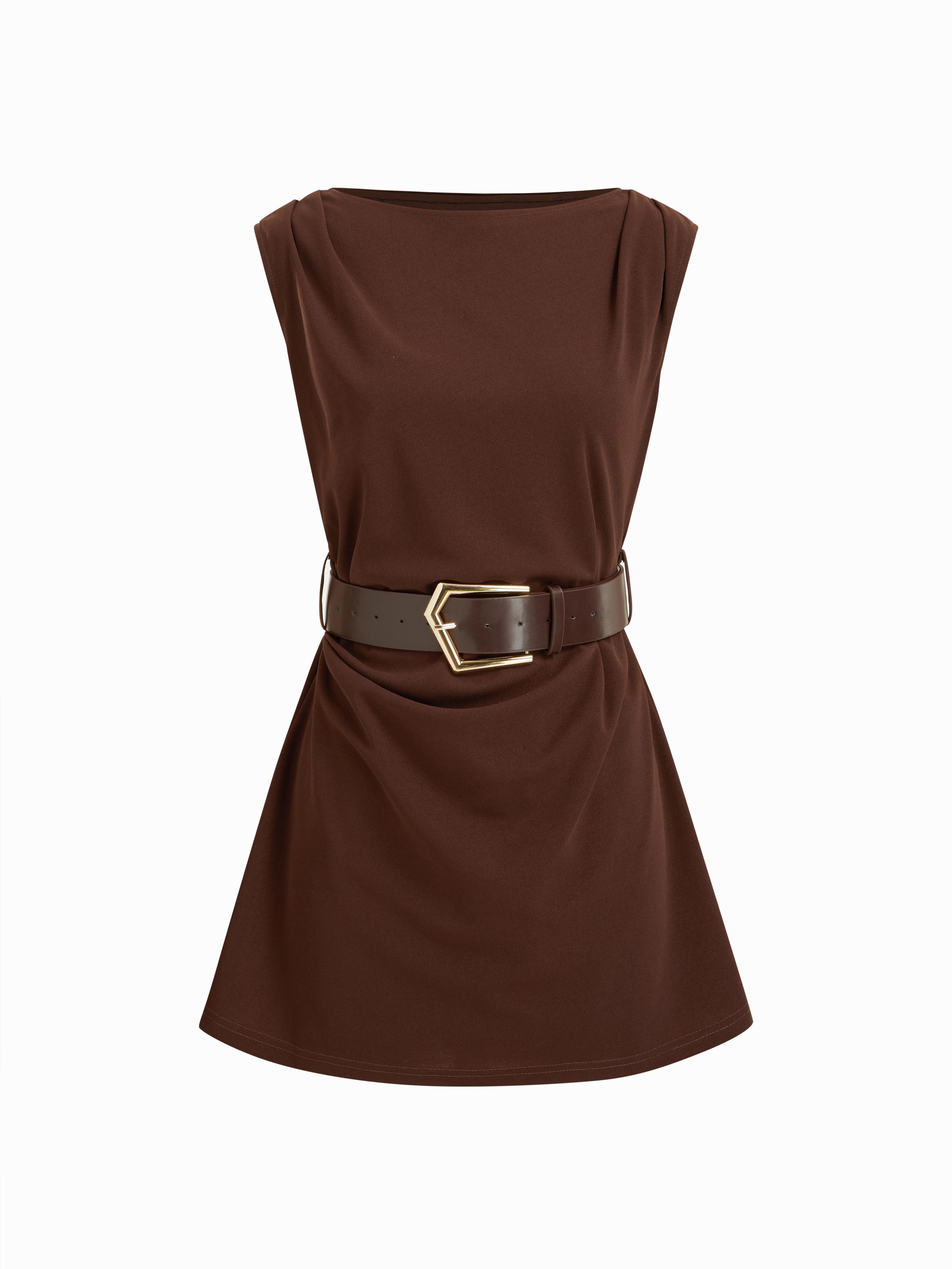 Boat Neck Ruched Belted A-line Mini Dress by CIDER