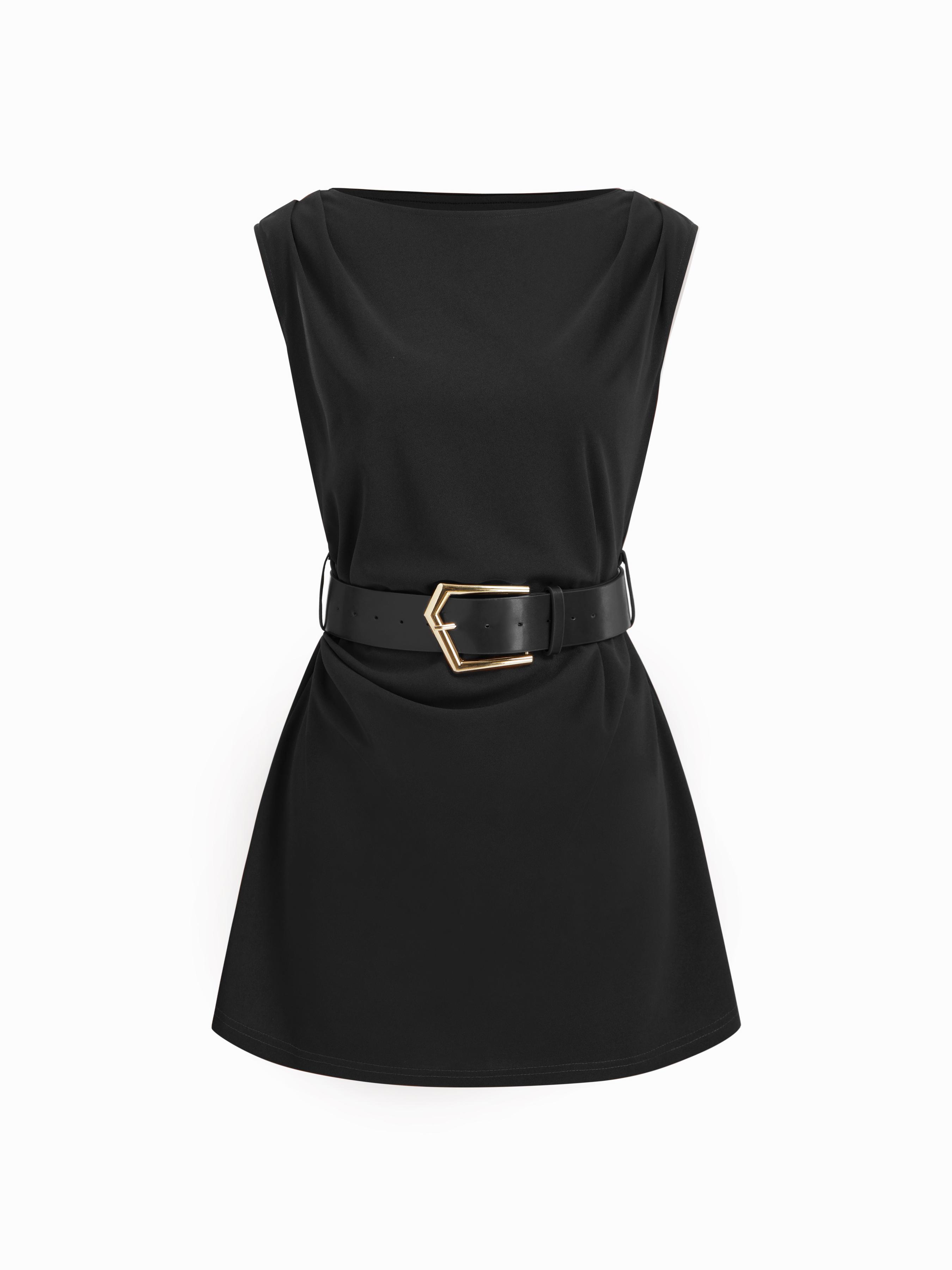 Boat Neck Ruched Belted A-line Mini Dress by CIDER