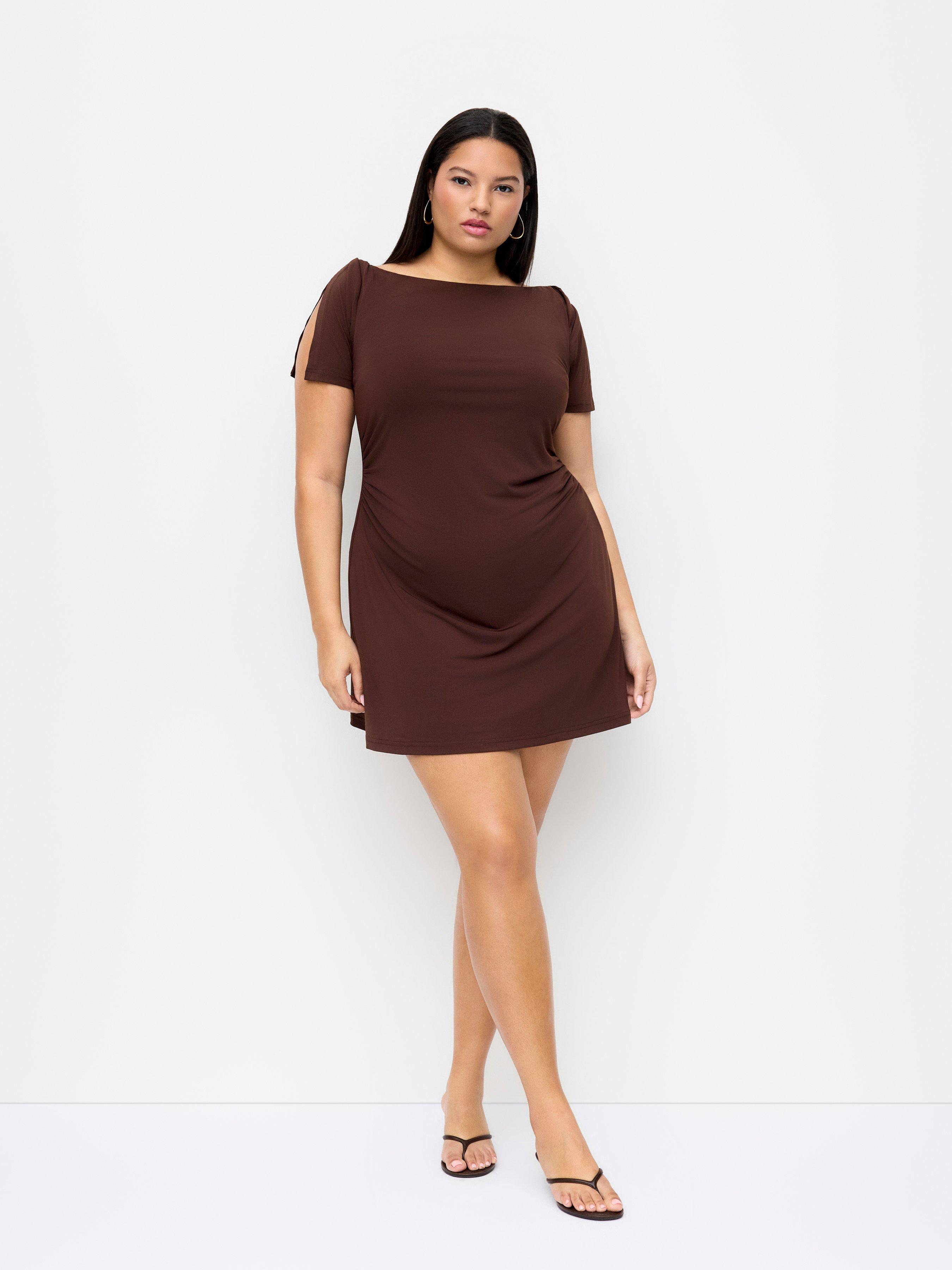 Boat Neck Ruched Cut Out Sleeve Mini Dress Curve & Plus by CIDER