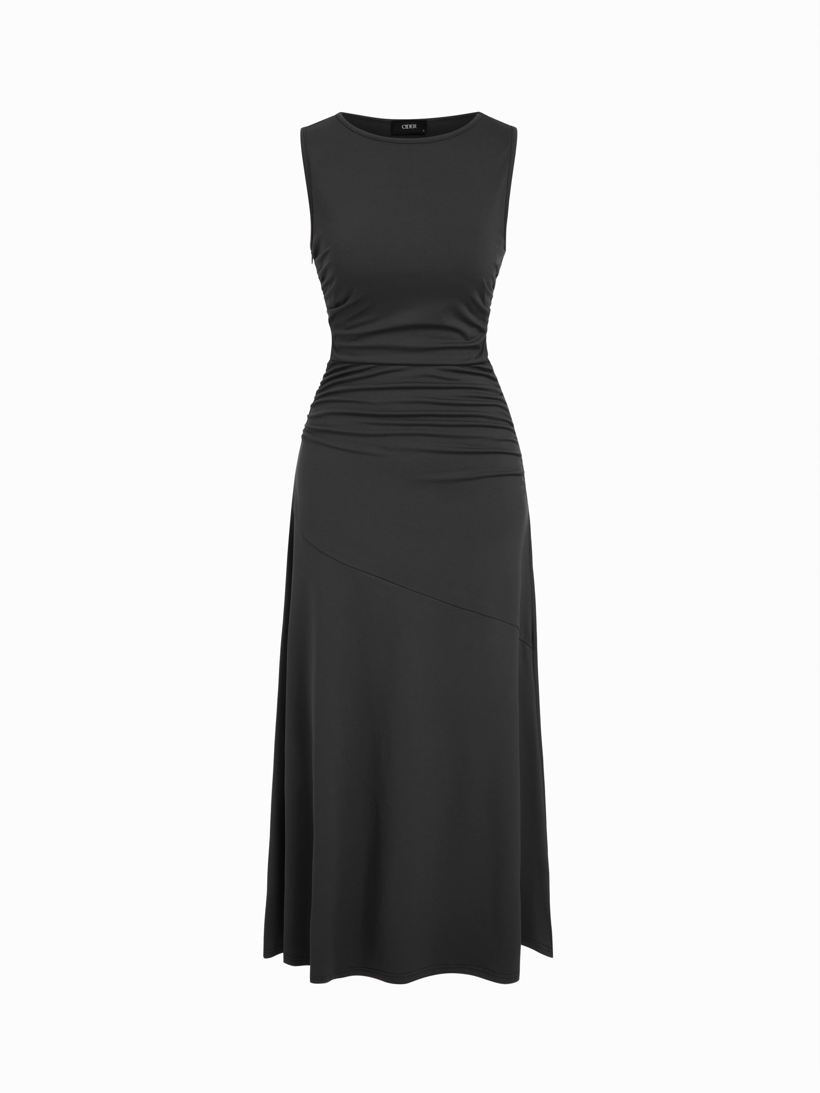 Boat Neck Ruched Flared Maxi Dress by CIDER
