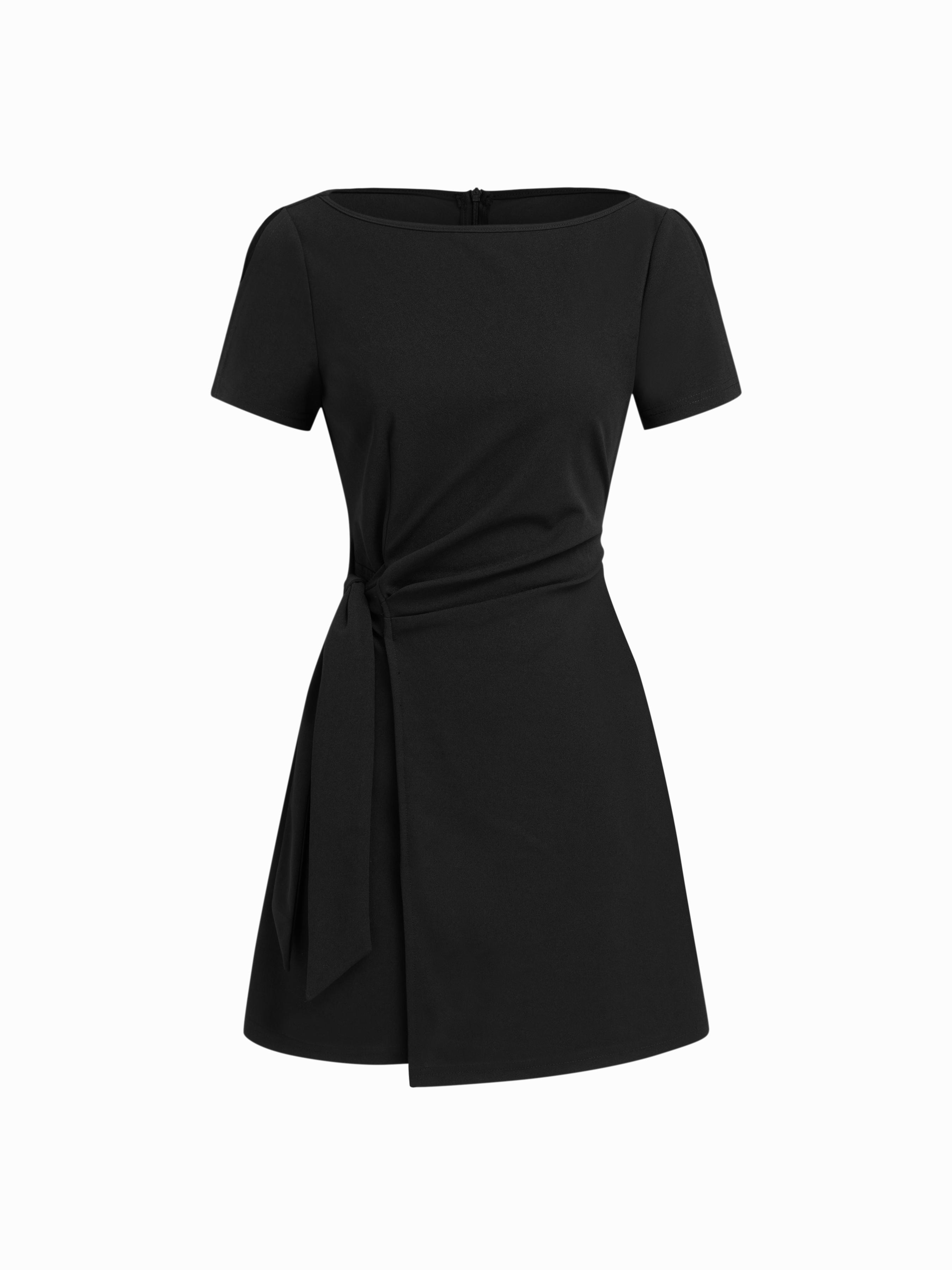 Boat Neck Ruched Knotted Split Sleeve Mini Dress by CIDER