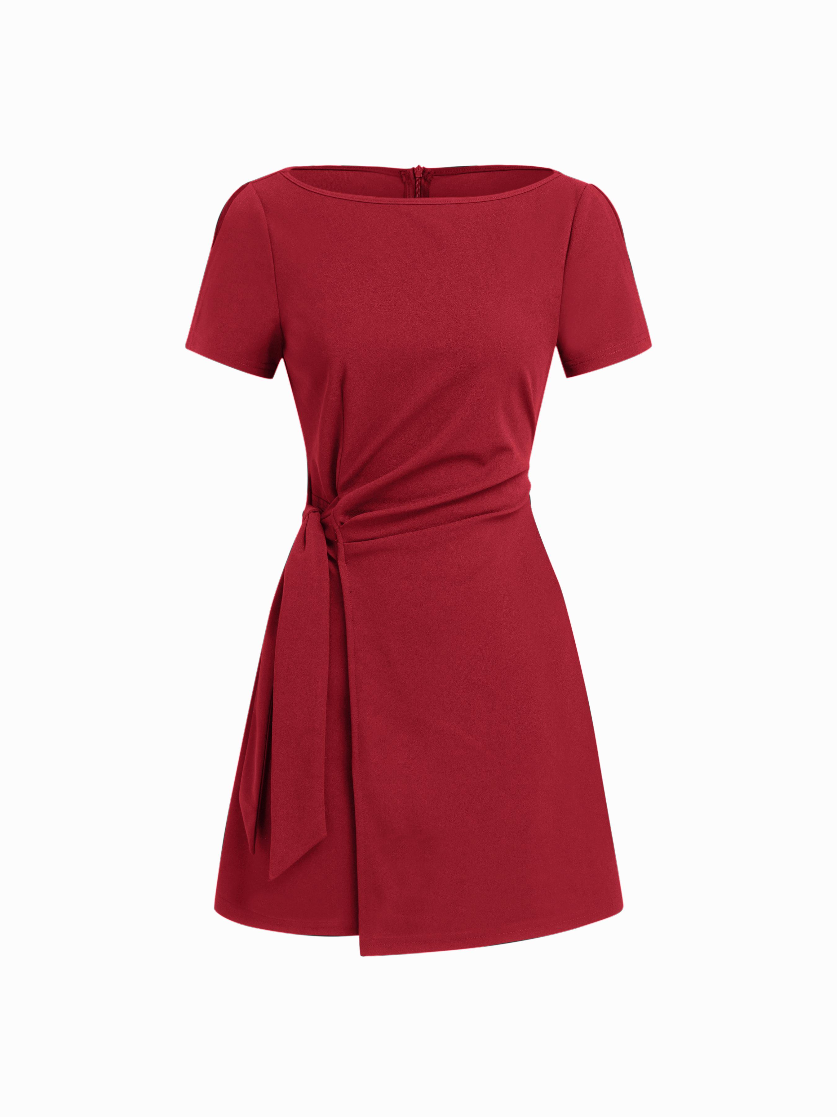 Boat Neck Ruched Knotted Split Sleeve Mini Dress by CIDER