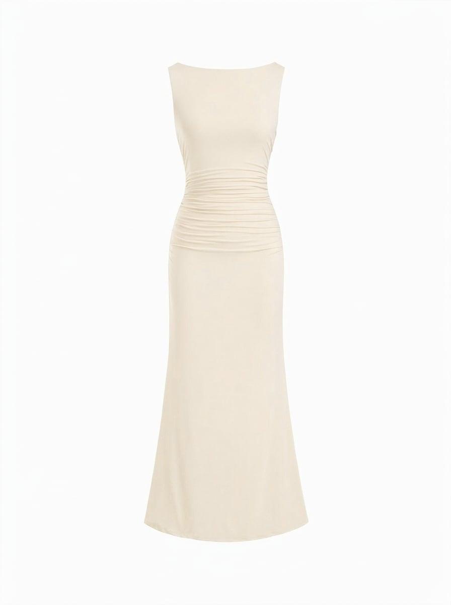 Boat Neck Ruched Pearl-Back Detail Maxi Dress by CIDER