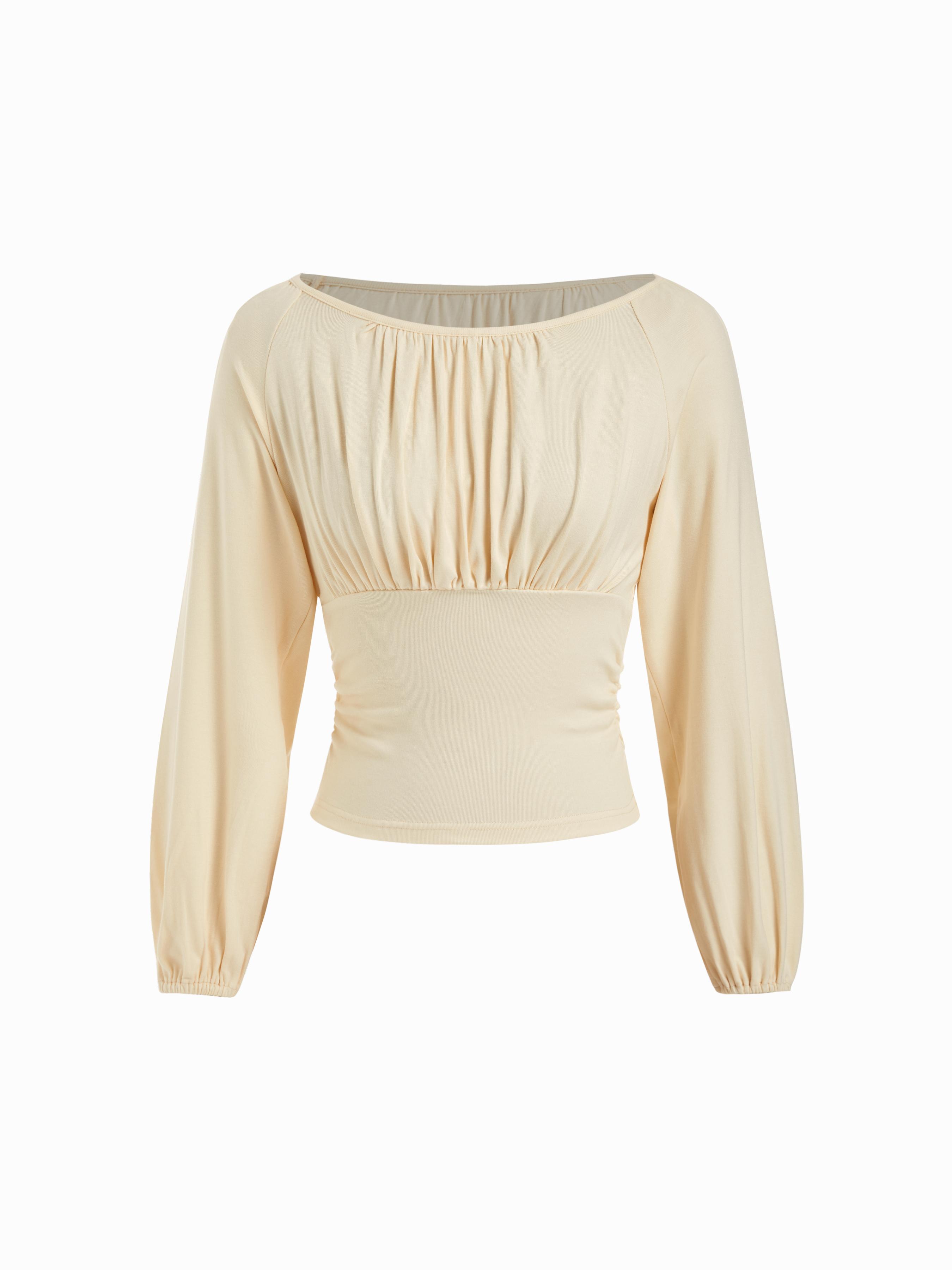 Boat Neck Ruched Puff Long Sleeve Blouse by CIDER