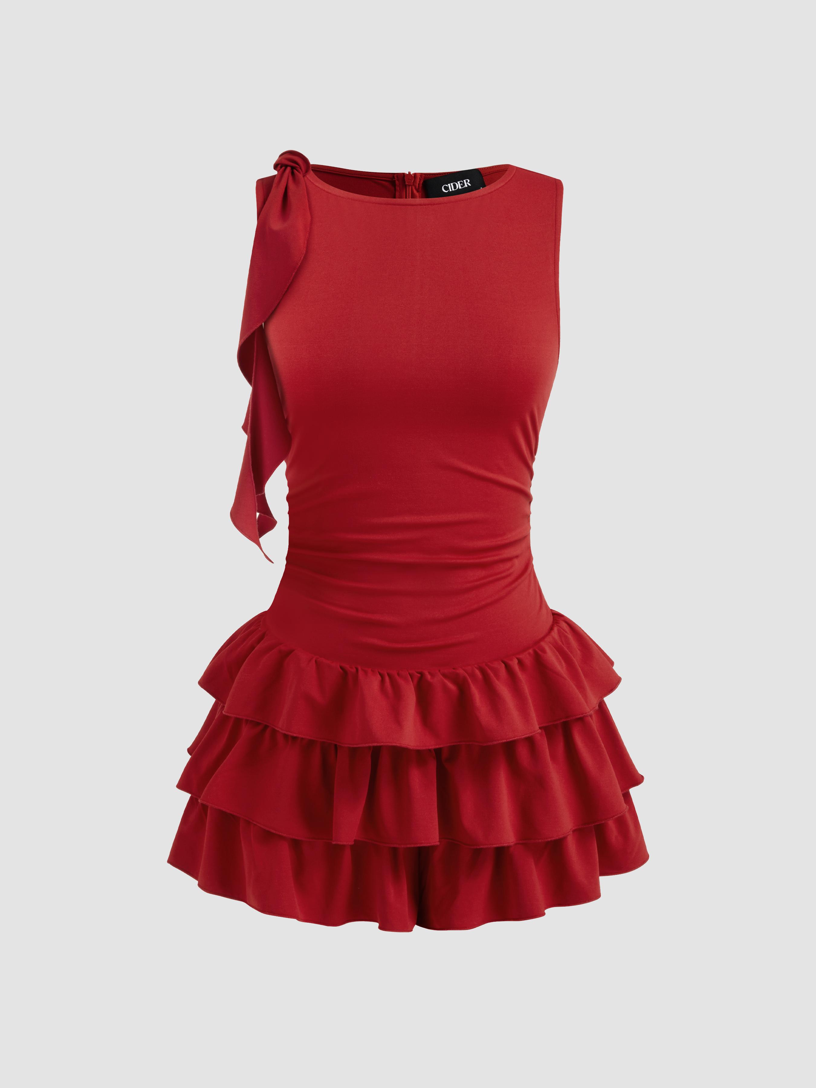 Boat Neck Ruched Ruffle Hem Layered Micro Romper by CIDER