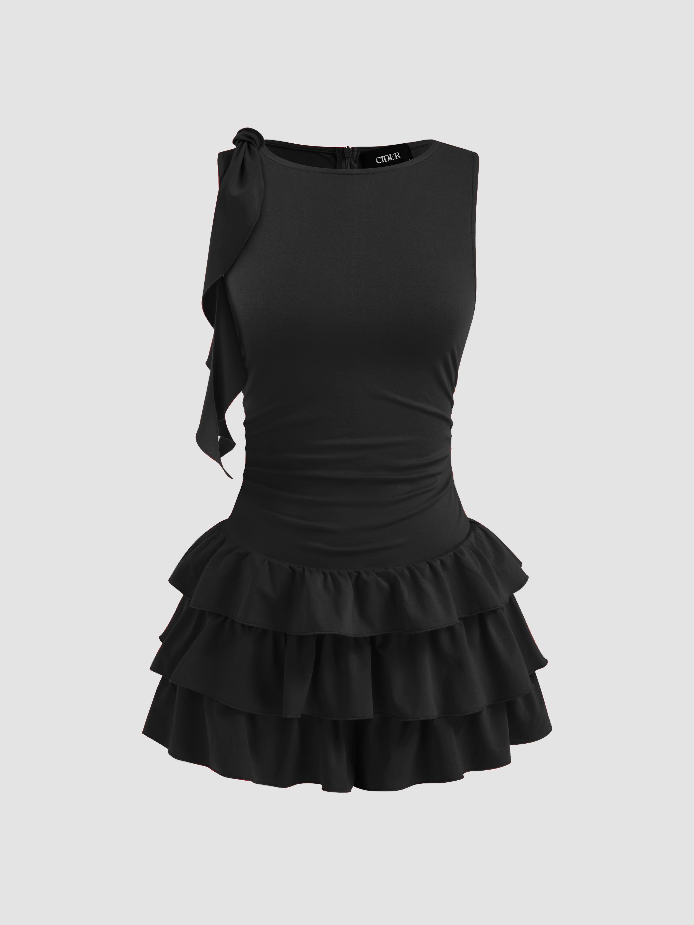 Boat Neck Ruched Ruffle Hem Layered Micro Romper by CIDER