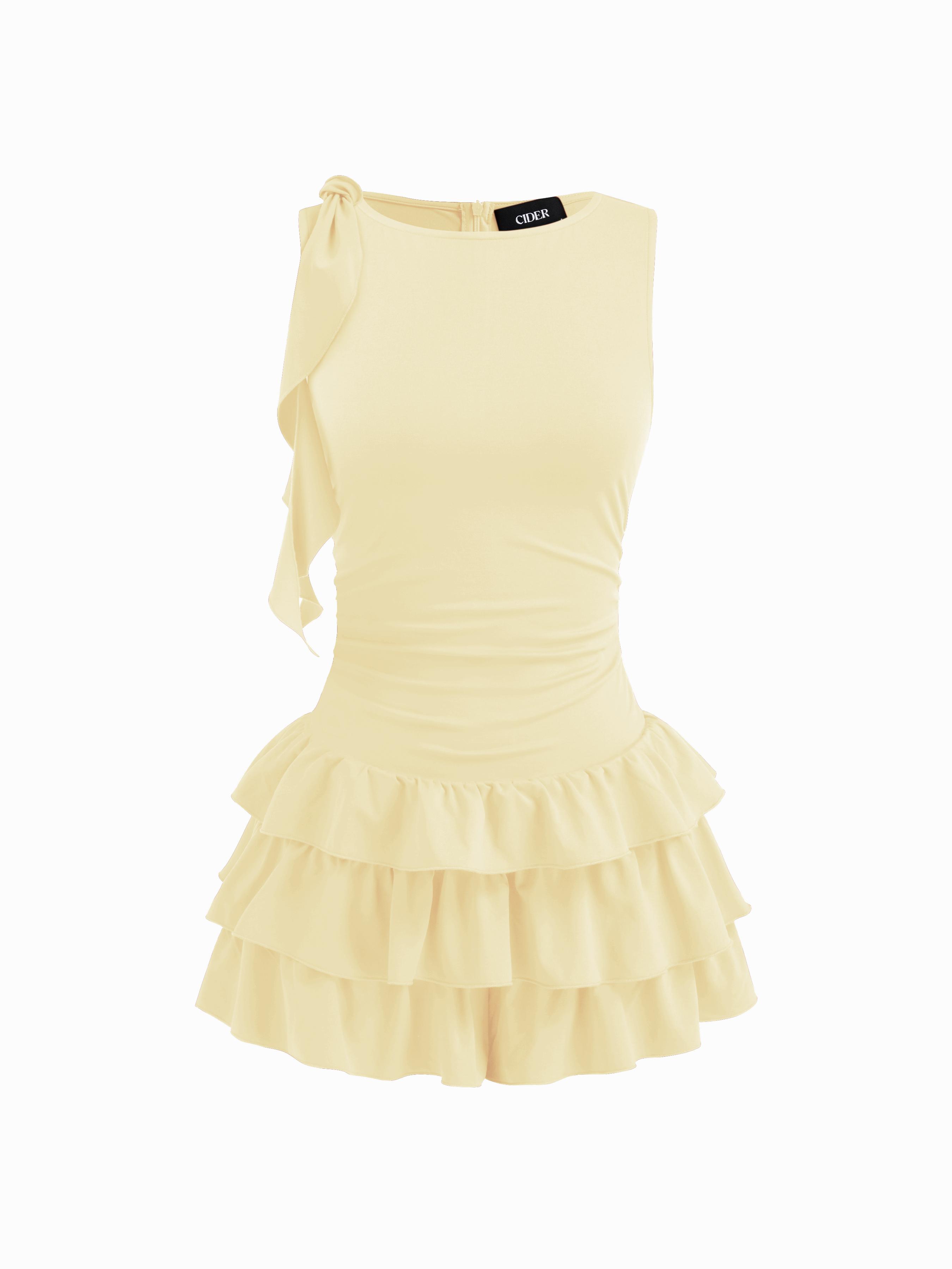 Boat Neck Ruched Ruffle Hem Layered Micro Romper by CIDER