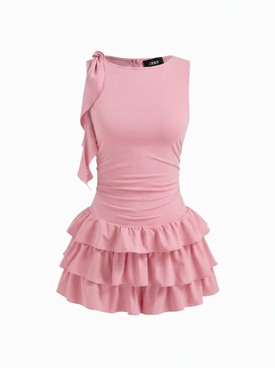 Boat Neck Ruched Ruffle Hem Layered Micro Romper by CIDER