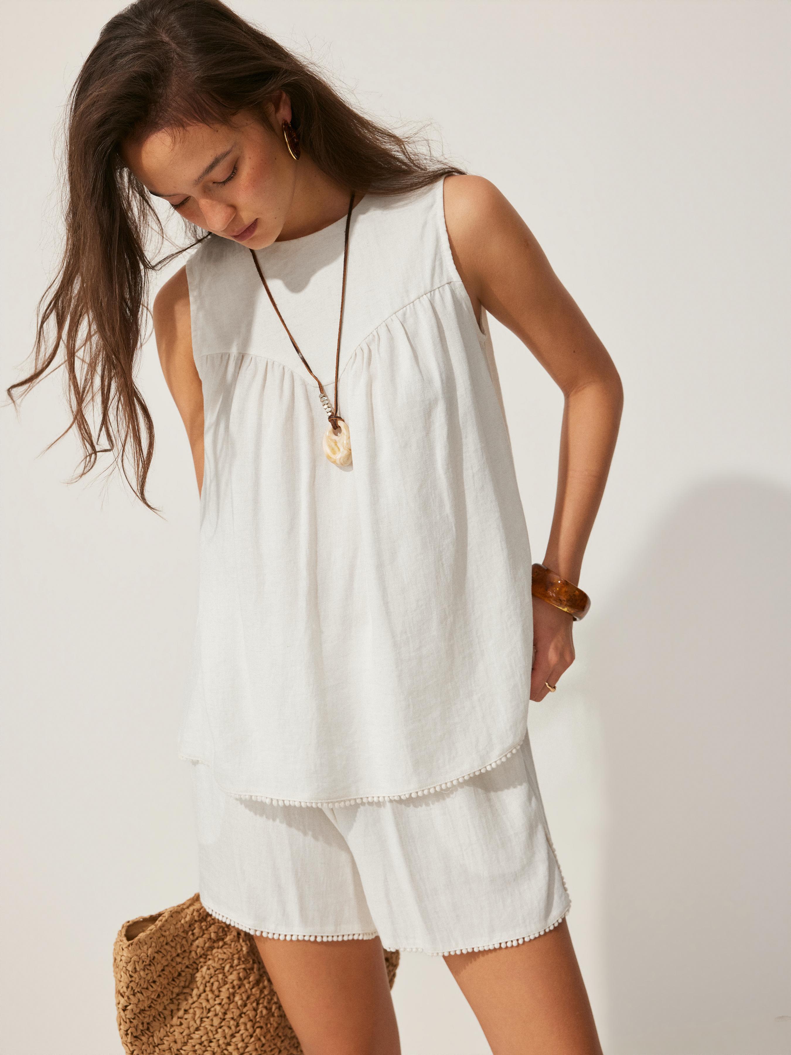 Boat Neck Ruched Sleeveless Top & Mid Rise Wide Leg Shorts Set by CIDER