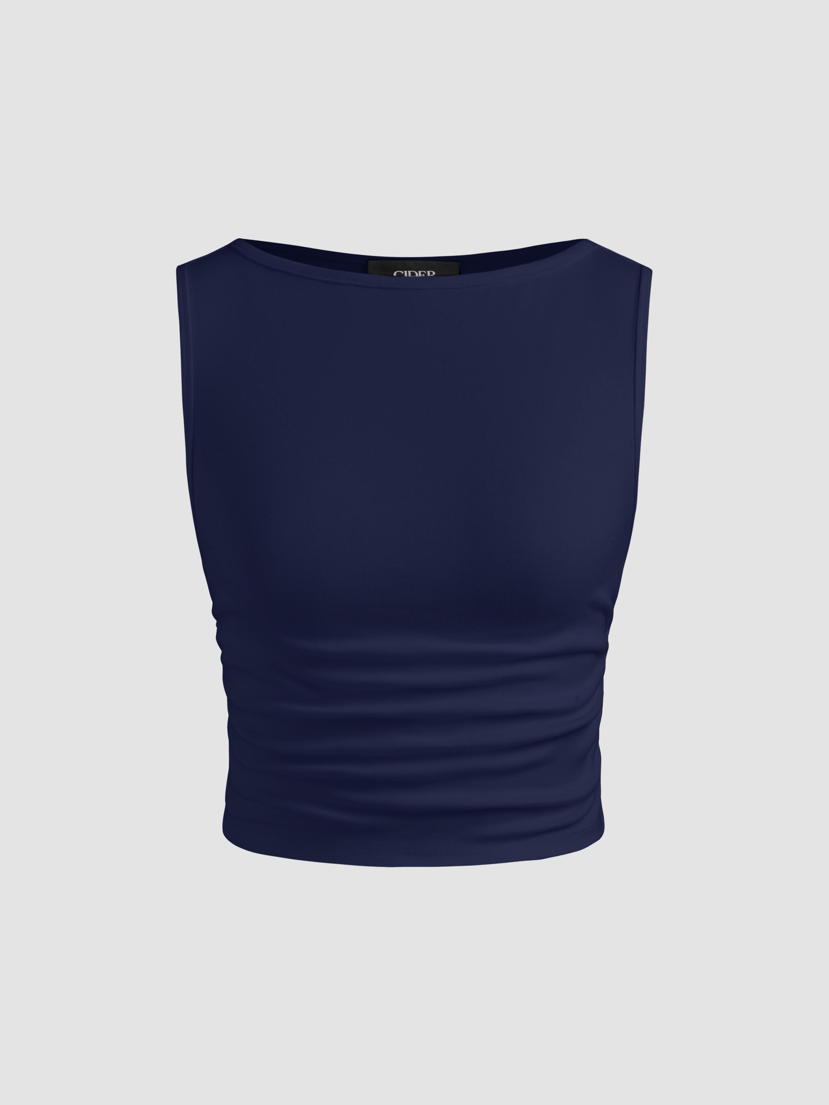 Boat Neck Ruched Solid Crop Tank Top by CIDER